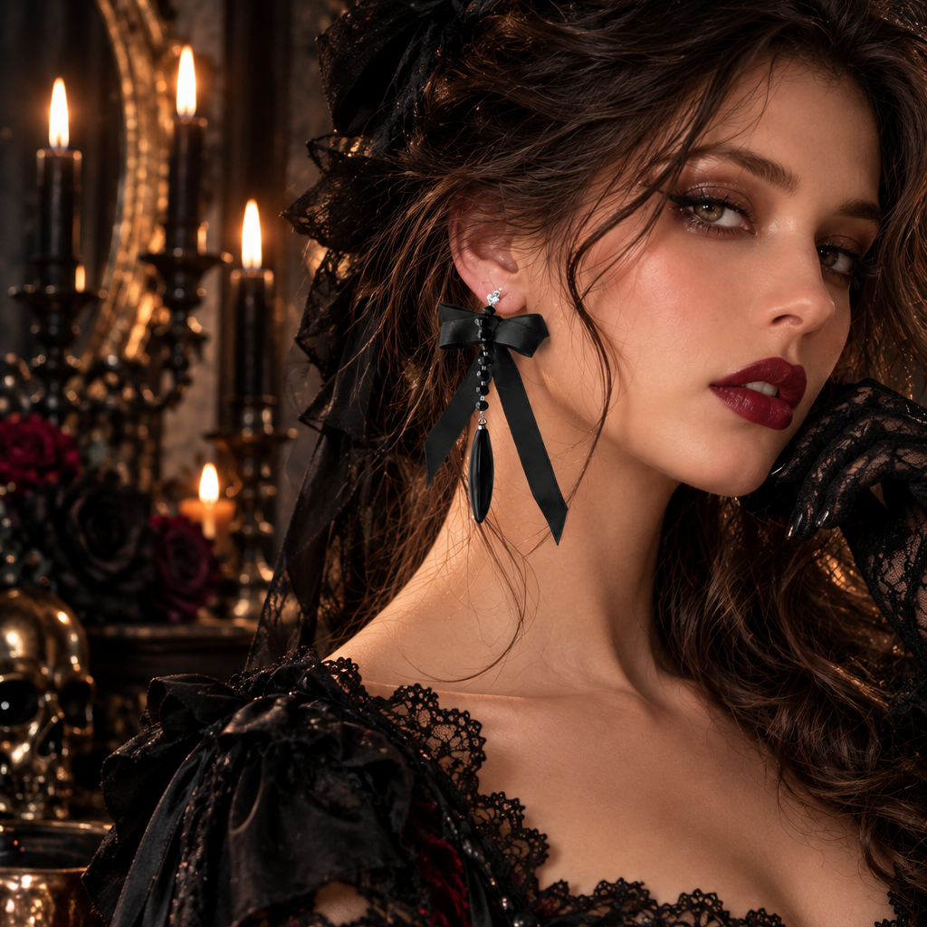 Halloween non-pierced ear clips – gothic black bow