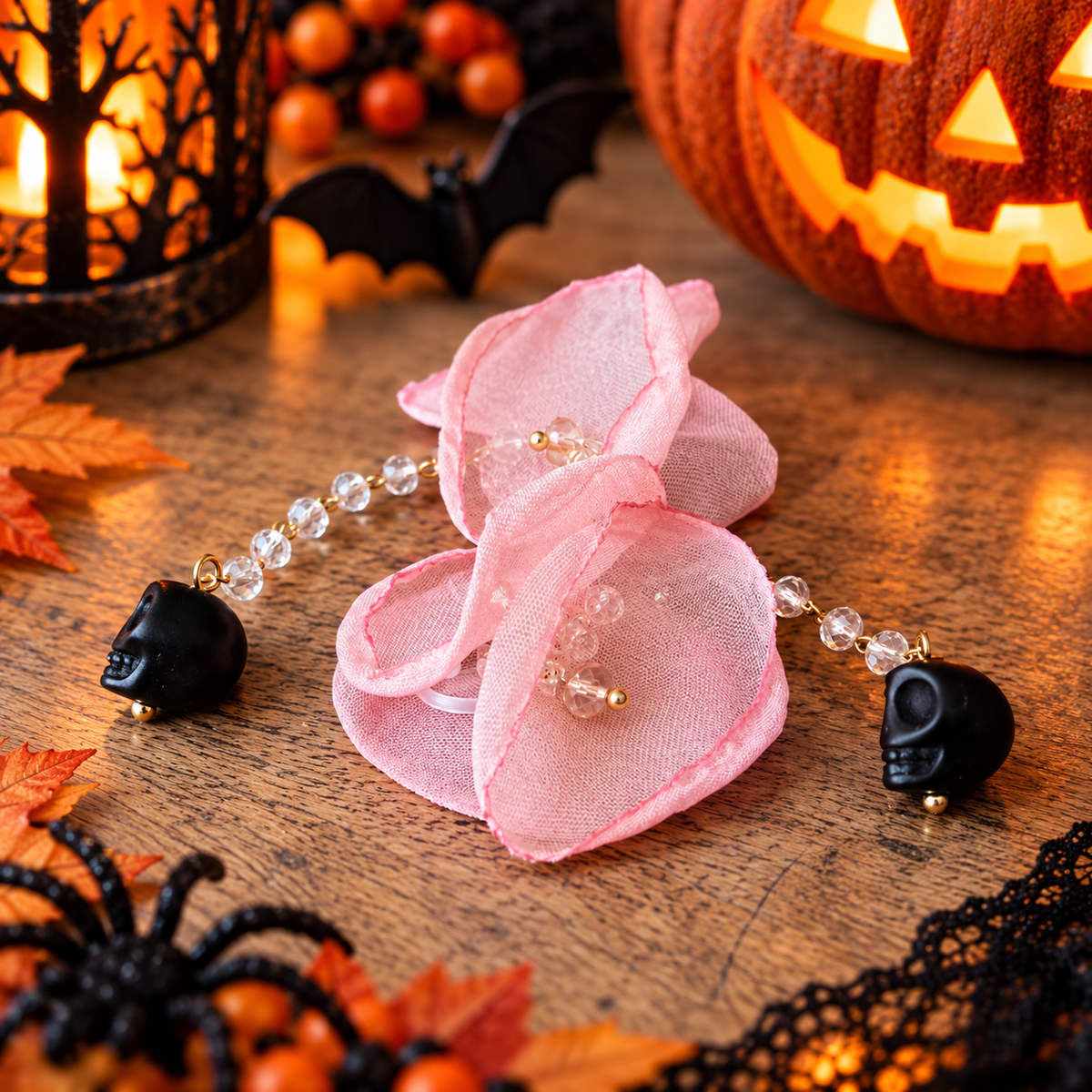 Halloween Boucles d'oreilles Clips pendantes, Grande fleurs rose saumon, chaîne perle facette Tête de mort noir. clips oreilles non percées