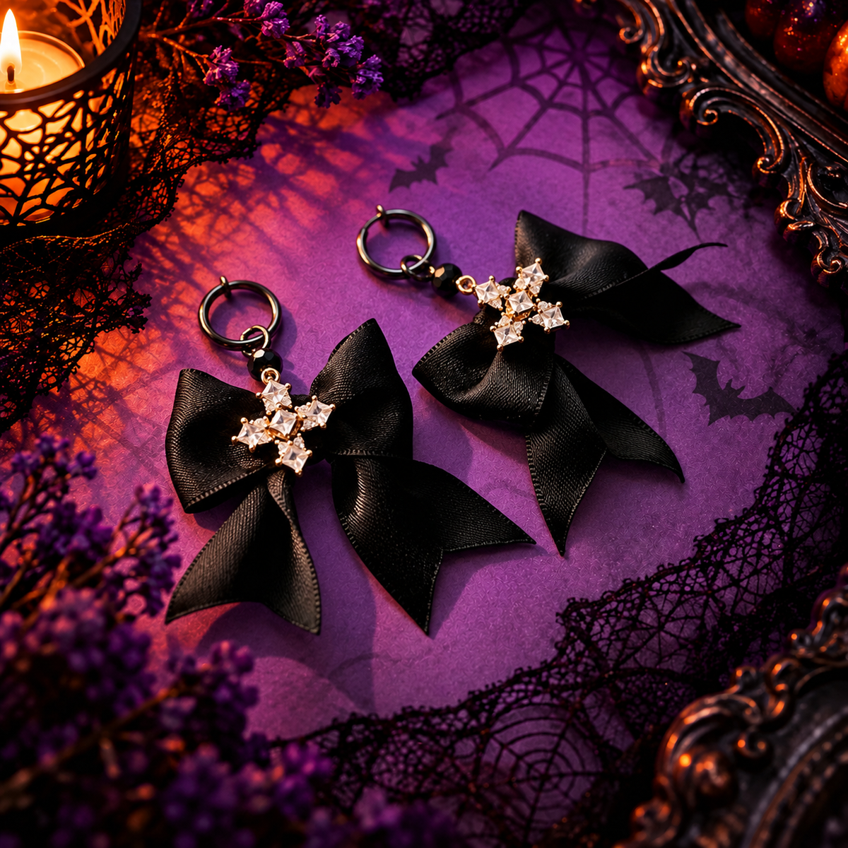 Non-pierced Halloween Creole clips – gothic black bow & rhinestones