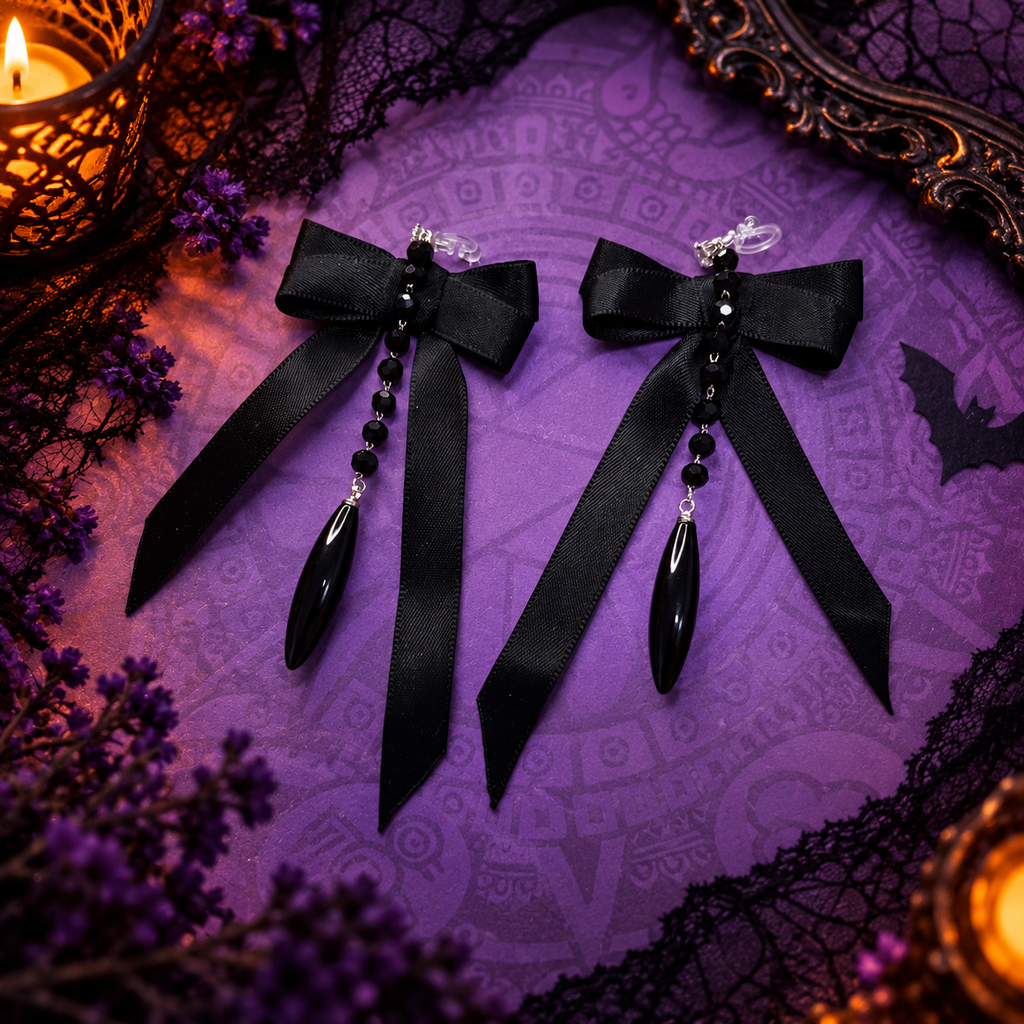 Halloween non-pierced ear clips – gothic black bow