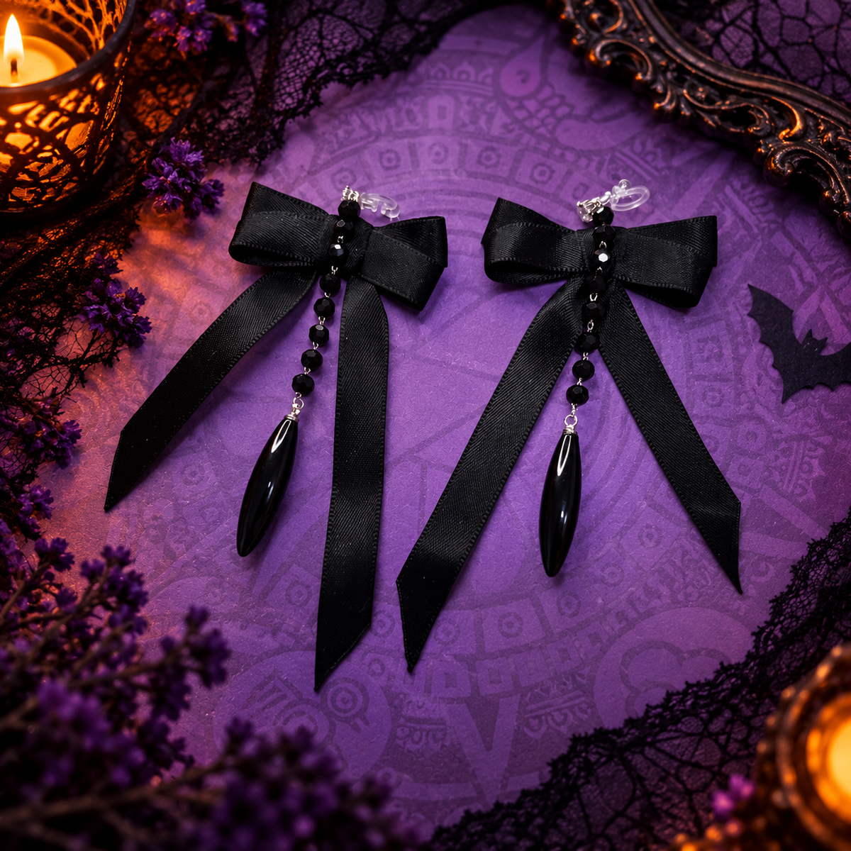 Halloween non-pierced ear clips – gothic black bow