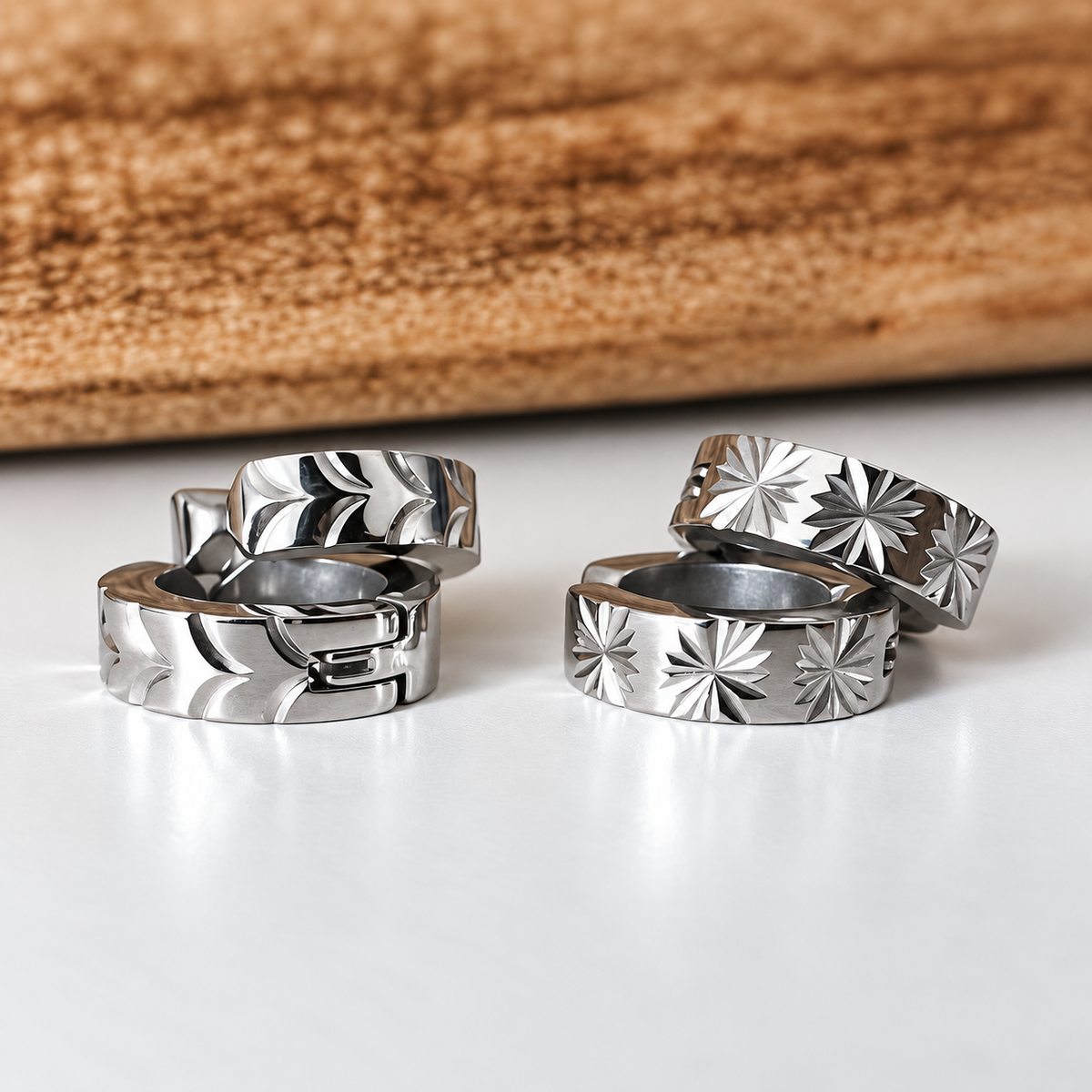 Unisex Engraved Clip-on Earrings with Sculpted Effect 