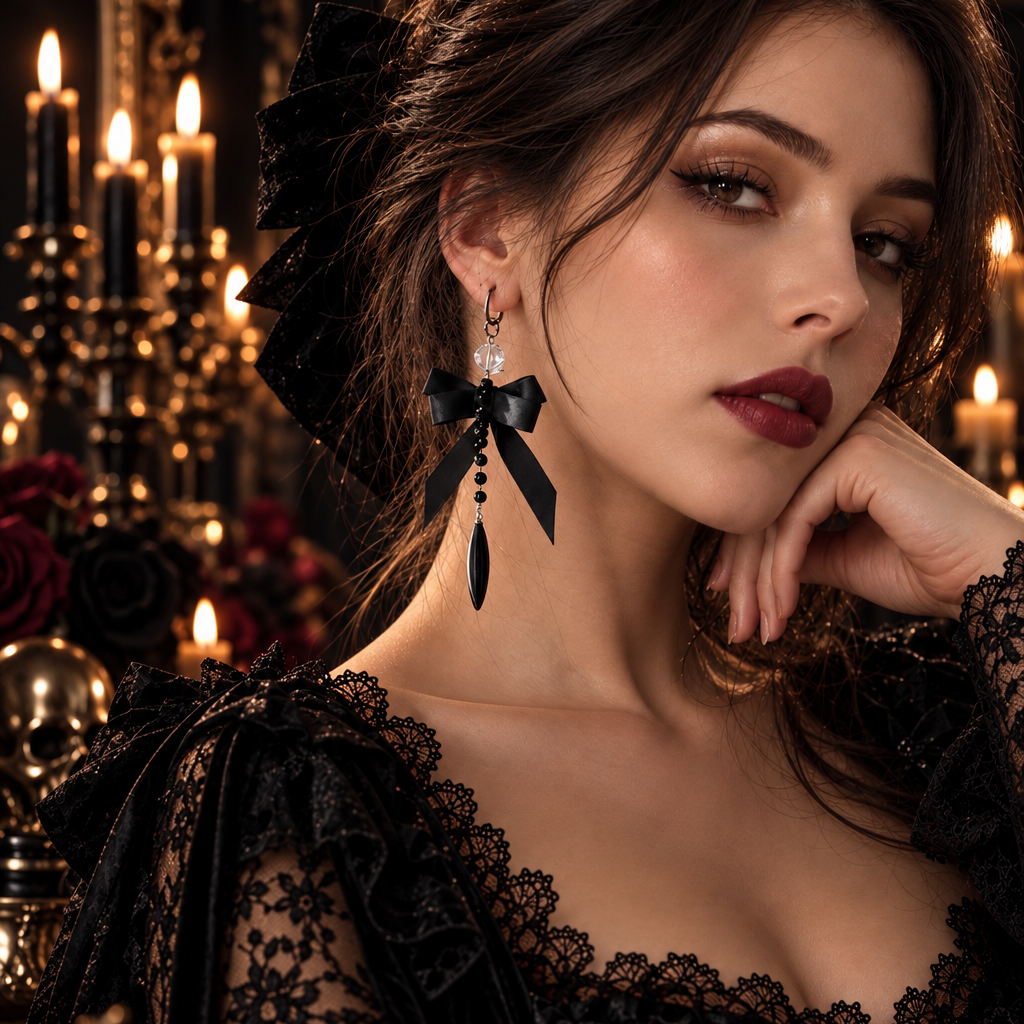 Halloween 2-in-1 Non-Pierced Ear Clips – Gothic Black Bow
