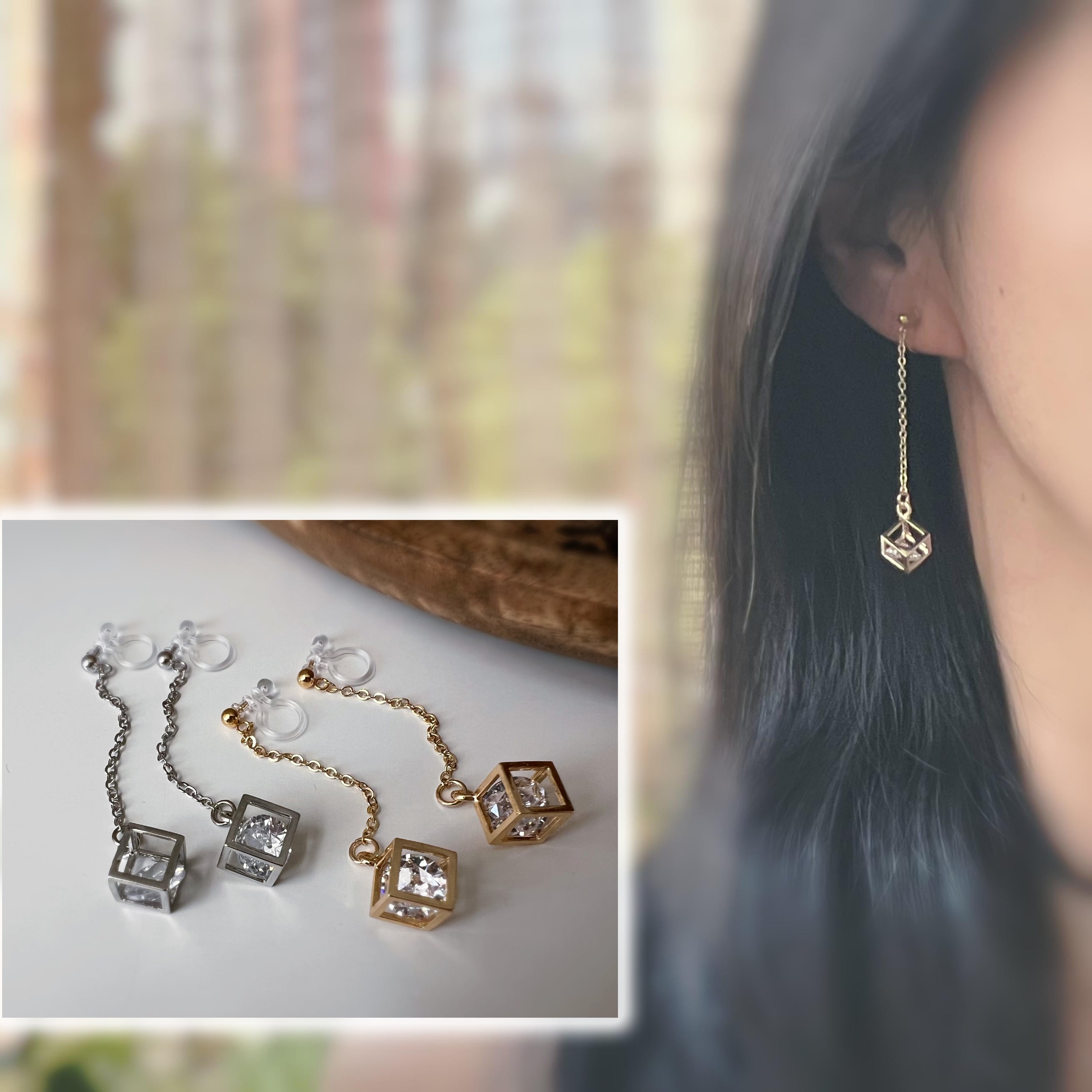 Gold chain &amp; cube with rhinestones 