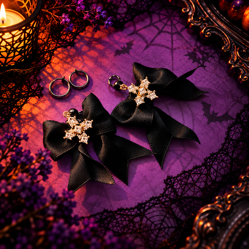 Non-pierced Halloween Creole clips – gothic black bow & rhinestones