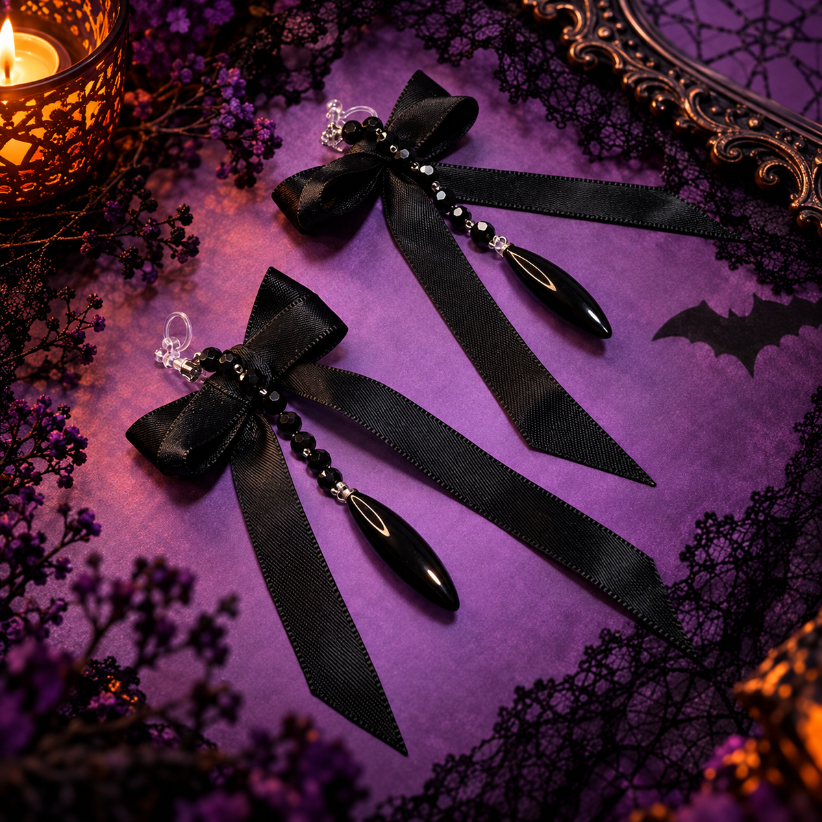 Halloween non-pierced ear clips – gothic black bow
