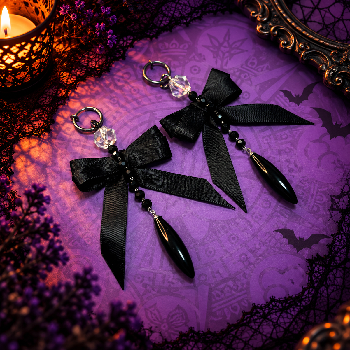 Halloween 2-in-1 Non-Pierced Ear Clips – Gothic Black Bow