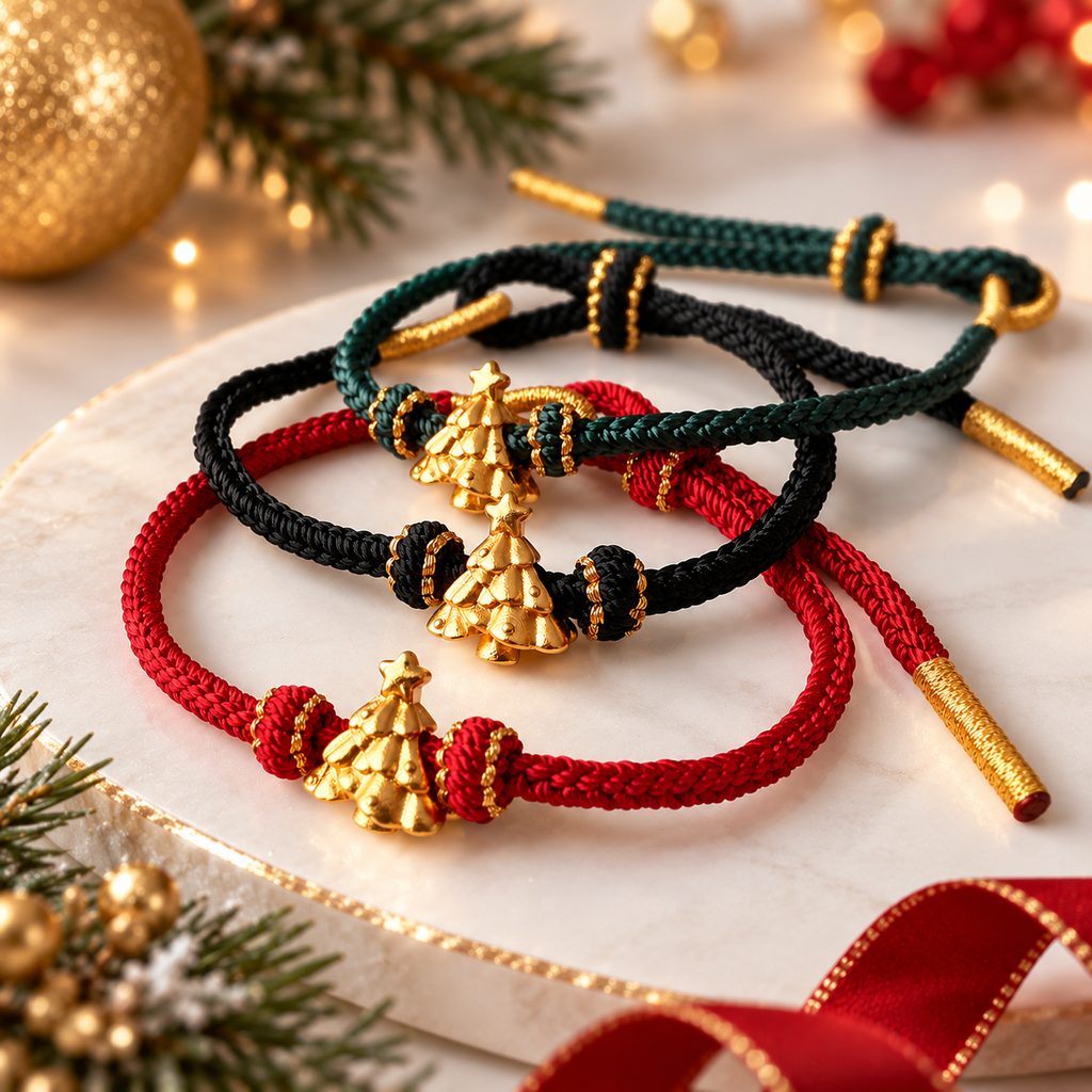 Bracelet de Noël tressé avec sapin doré – 4 couleurs