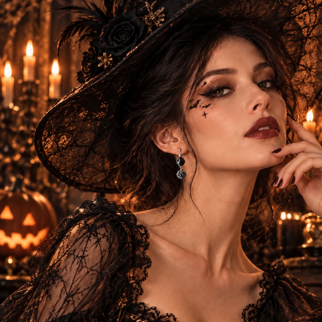 Clips d’oreilles Halloween crâne noir & Perle Shambala noire