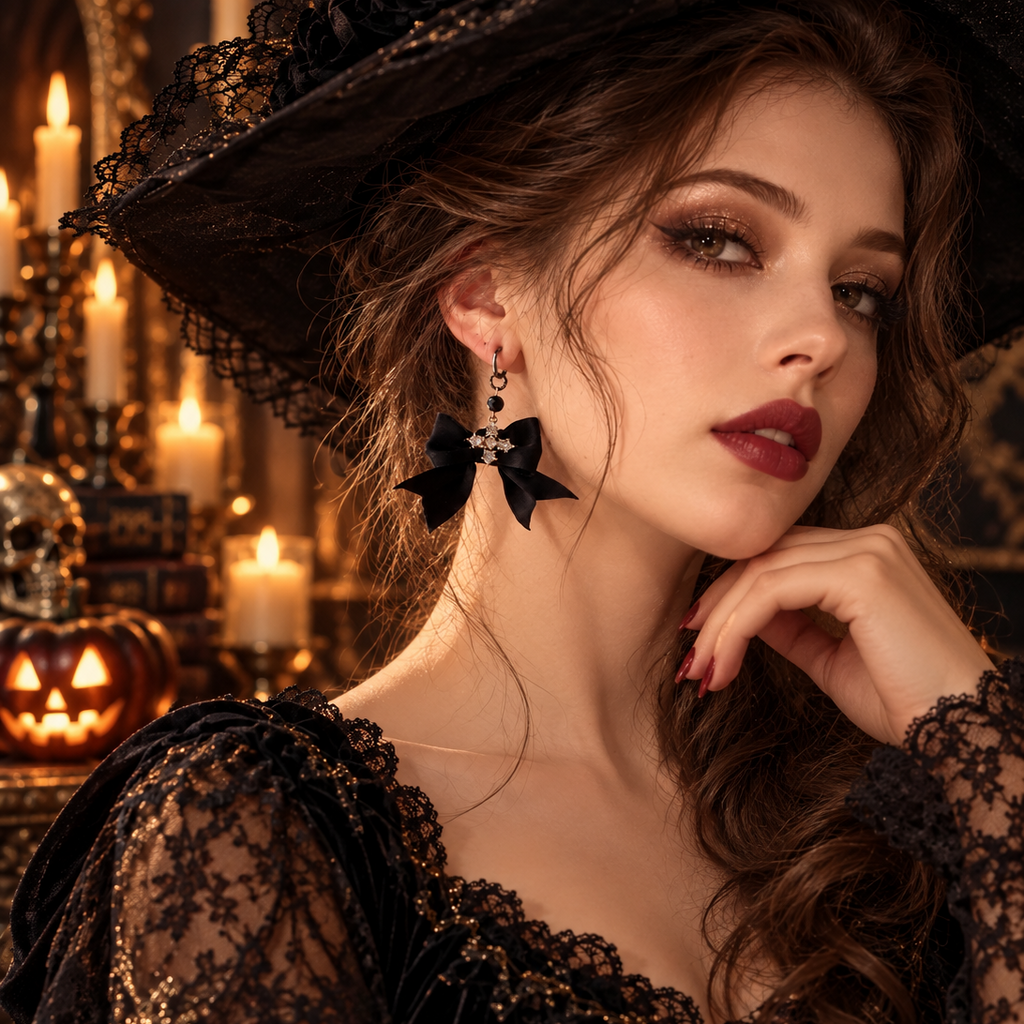 Non-pierced Halloween Creole clips – gothic black bow & rhinestones