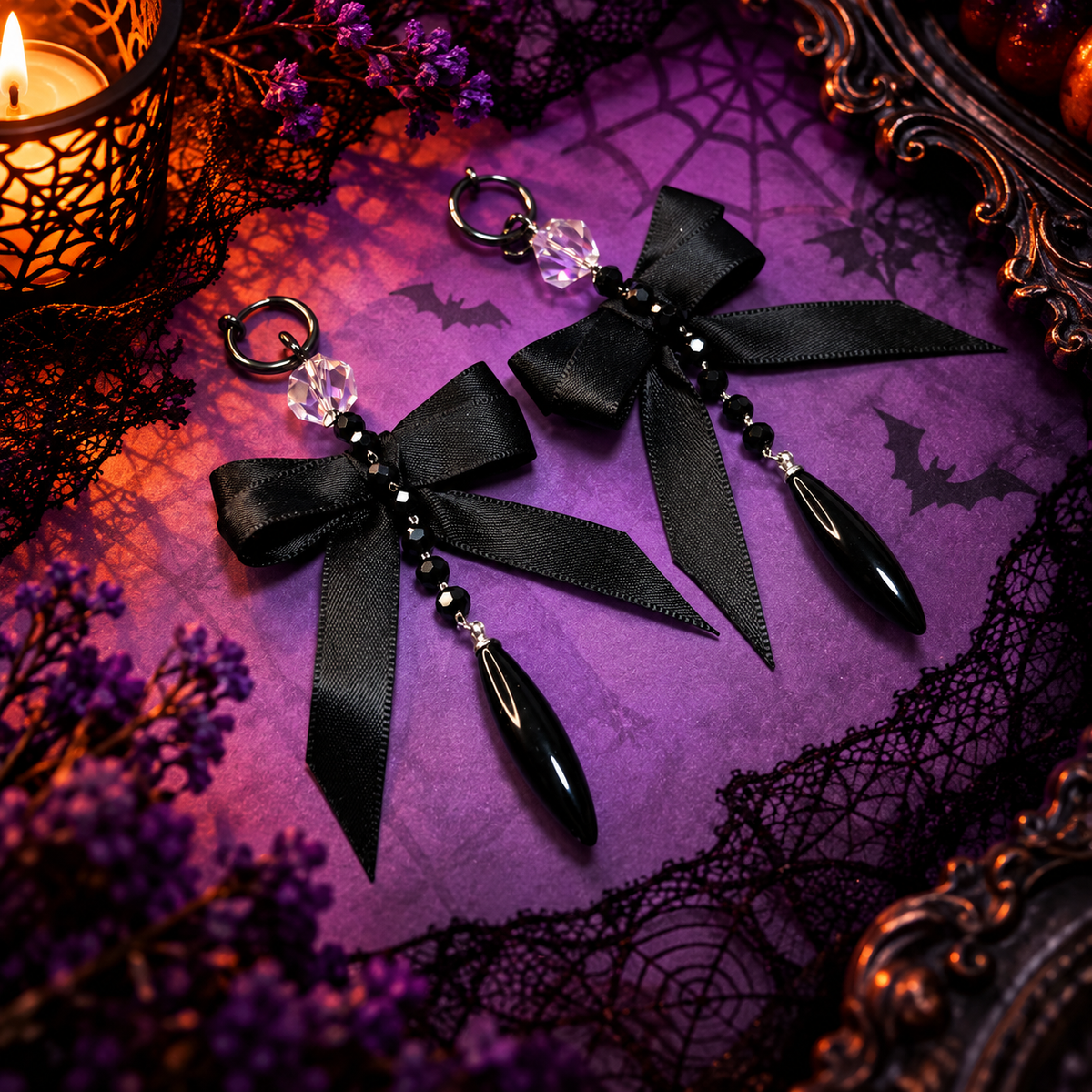 Halloween 2-in-1 Non-Pierced Ear Clips – Gothic Black Bow
