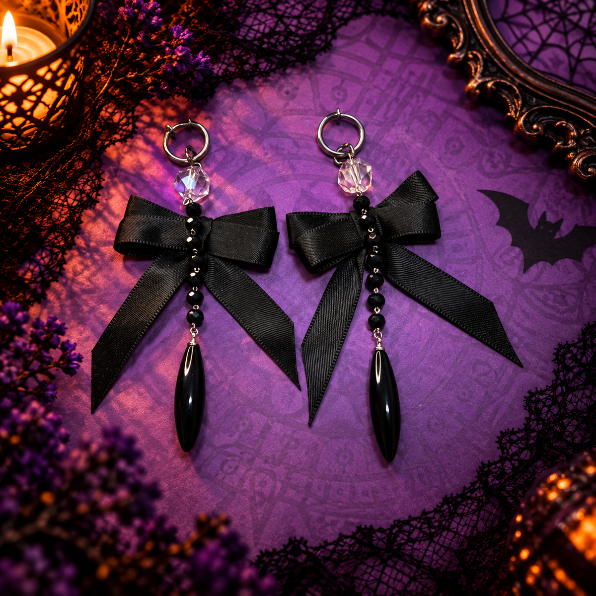Halloween 2-in-1 Non-Pierced Ear Clips – Gothic Black Bow