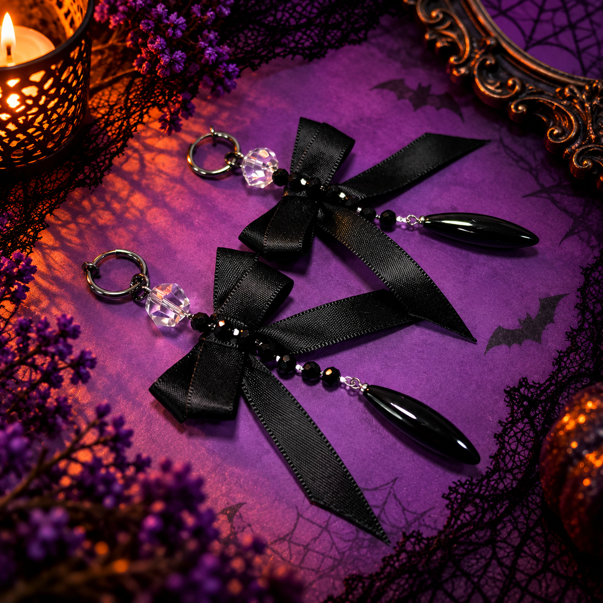 Halloween 2-in-1 Non-Pierced Ear Clips – Gothic Black Bow