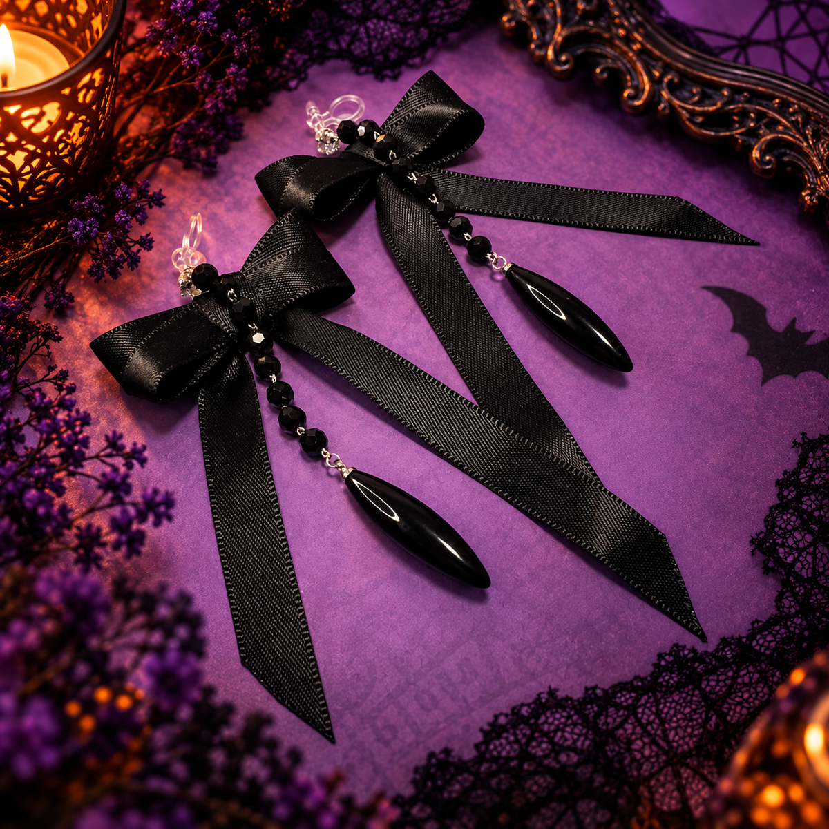 Halloween non-pierced ear clips – gothic black bow