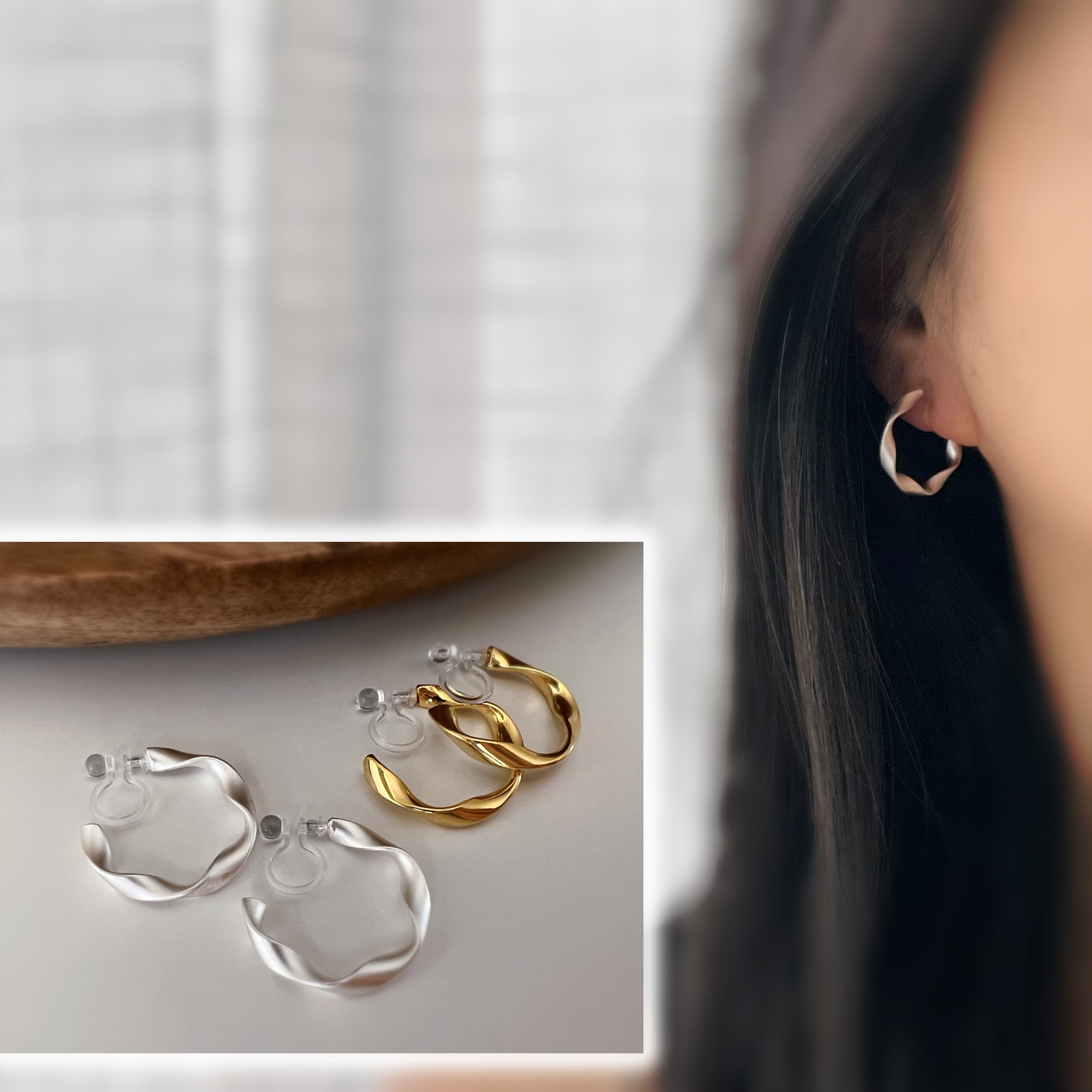 Silver / gold twisted hoop clip-on earrings