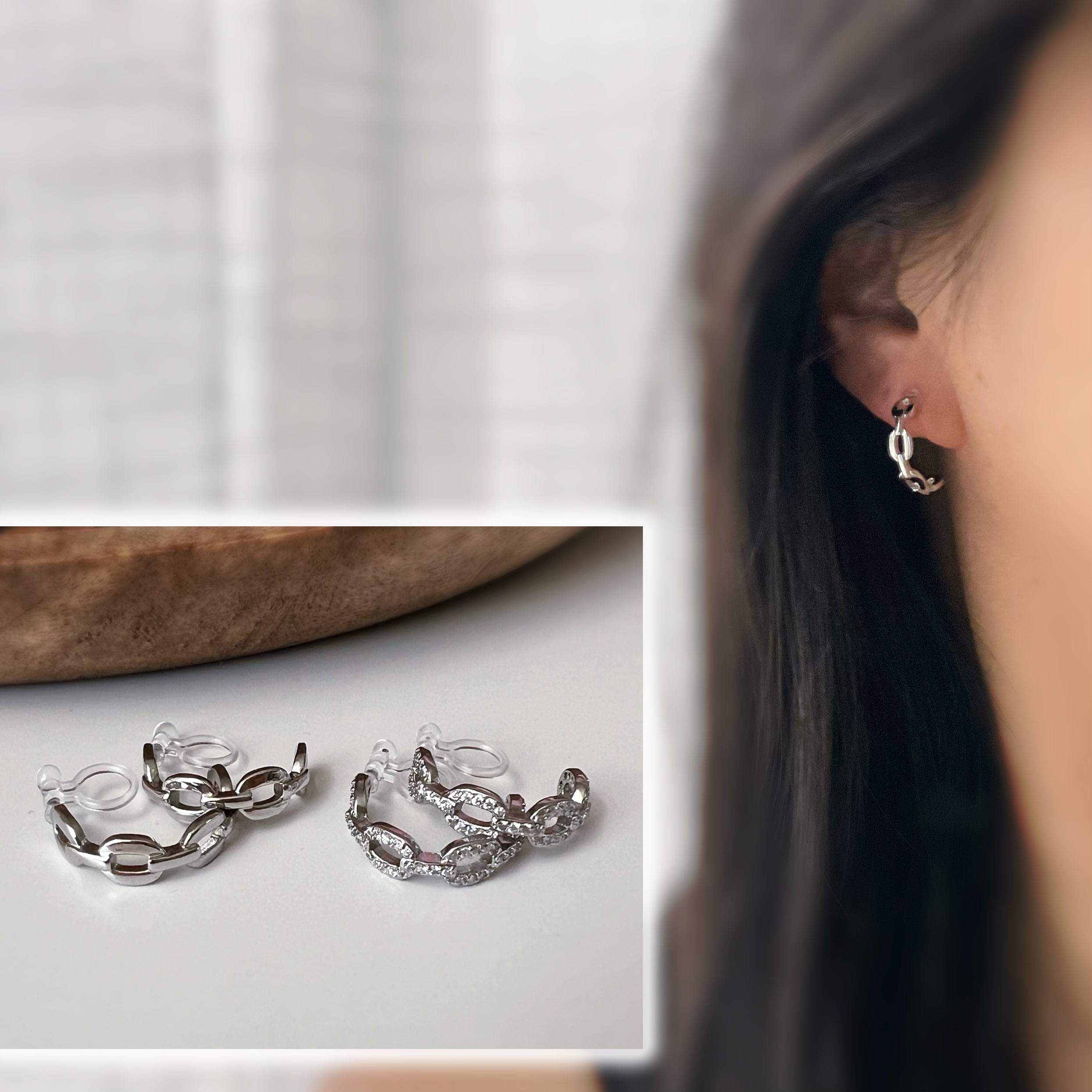 C-shaped smooth chain ear clips / Zircon chain