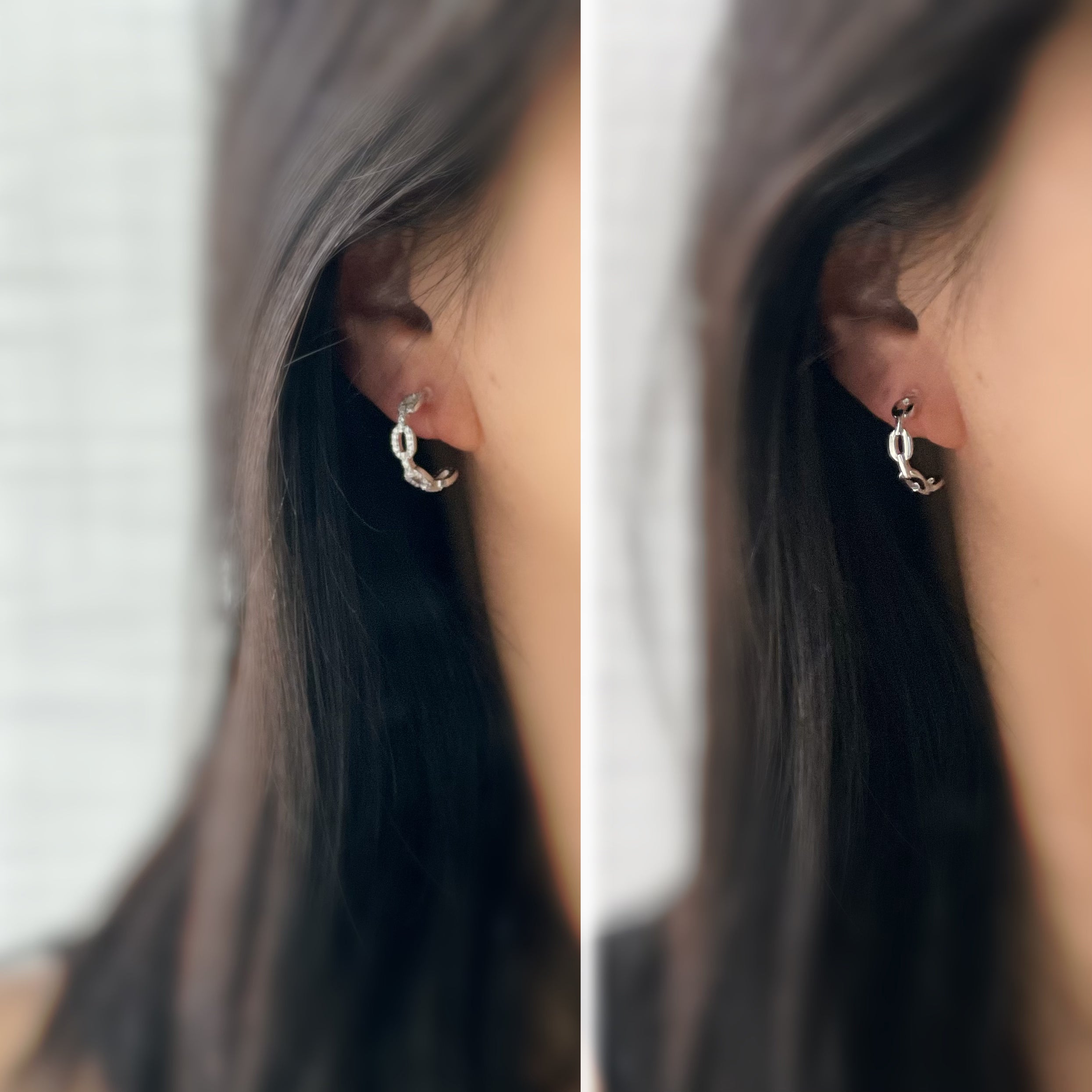 C-shaped smooth chain ear clips / Zircon chain
