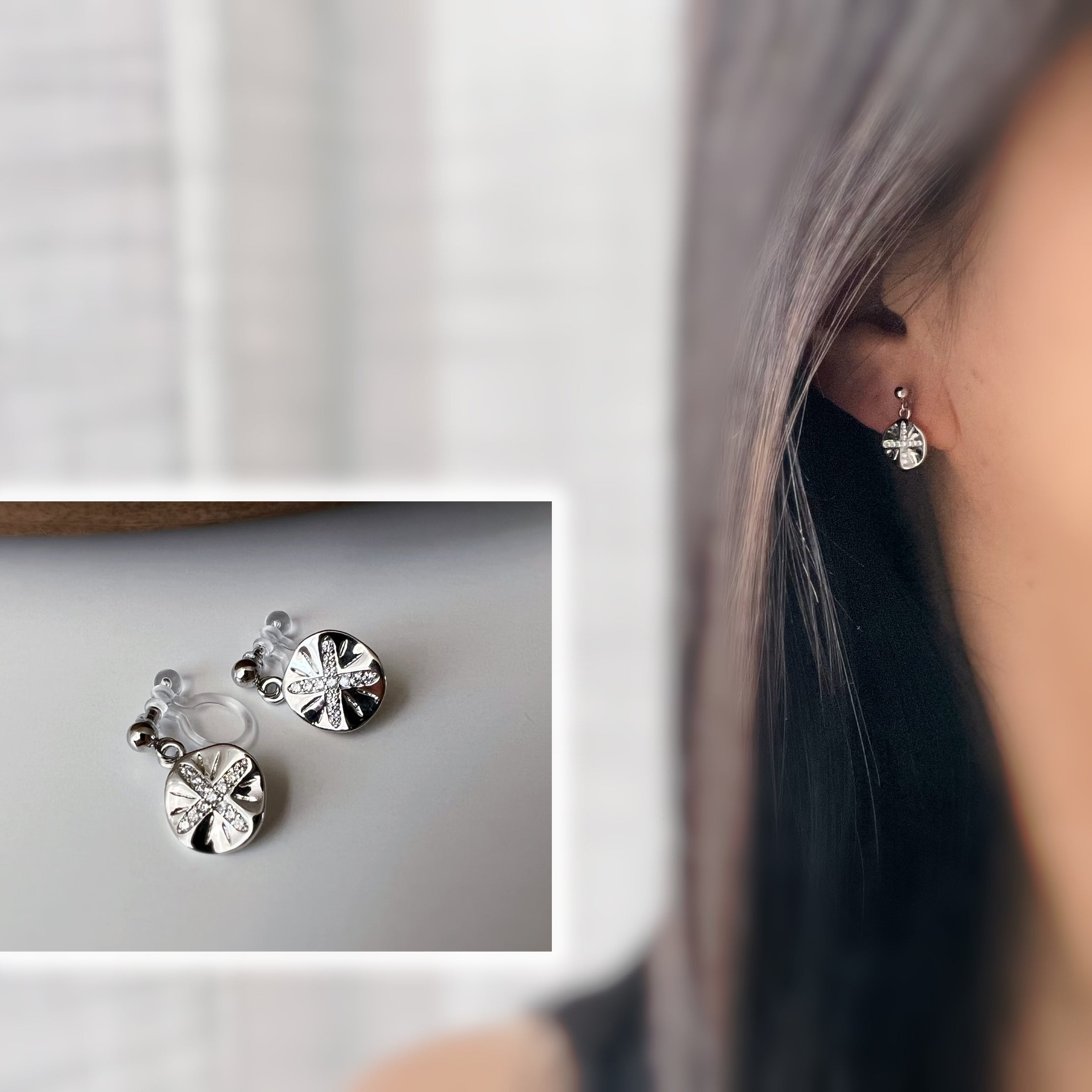Clips d’oreilles petit pendentif rond – couleur argent