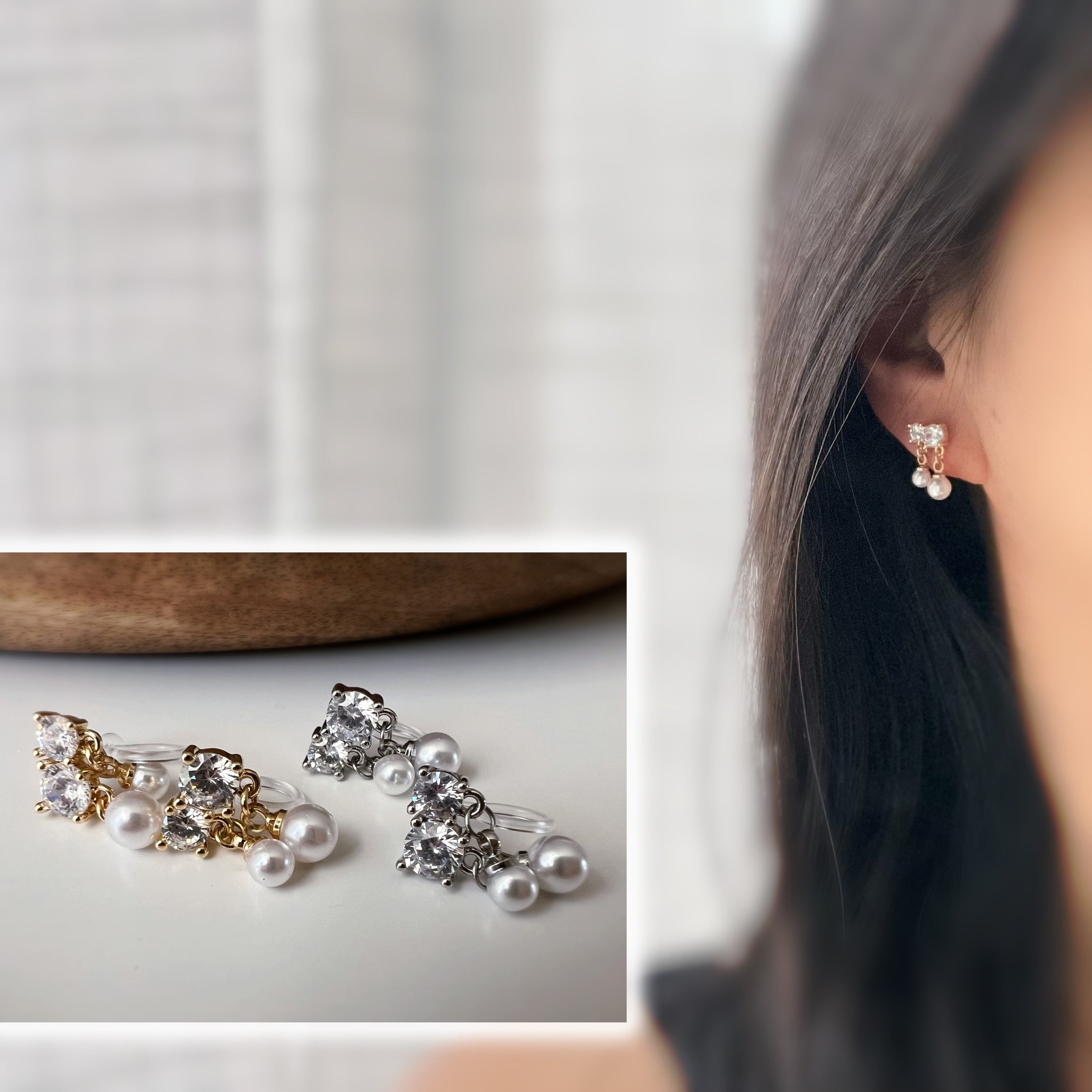 Zircon and pearl clip-on earrings