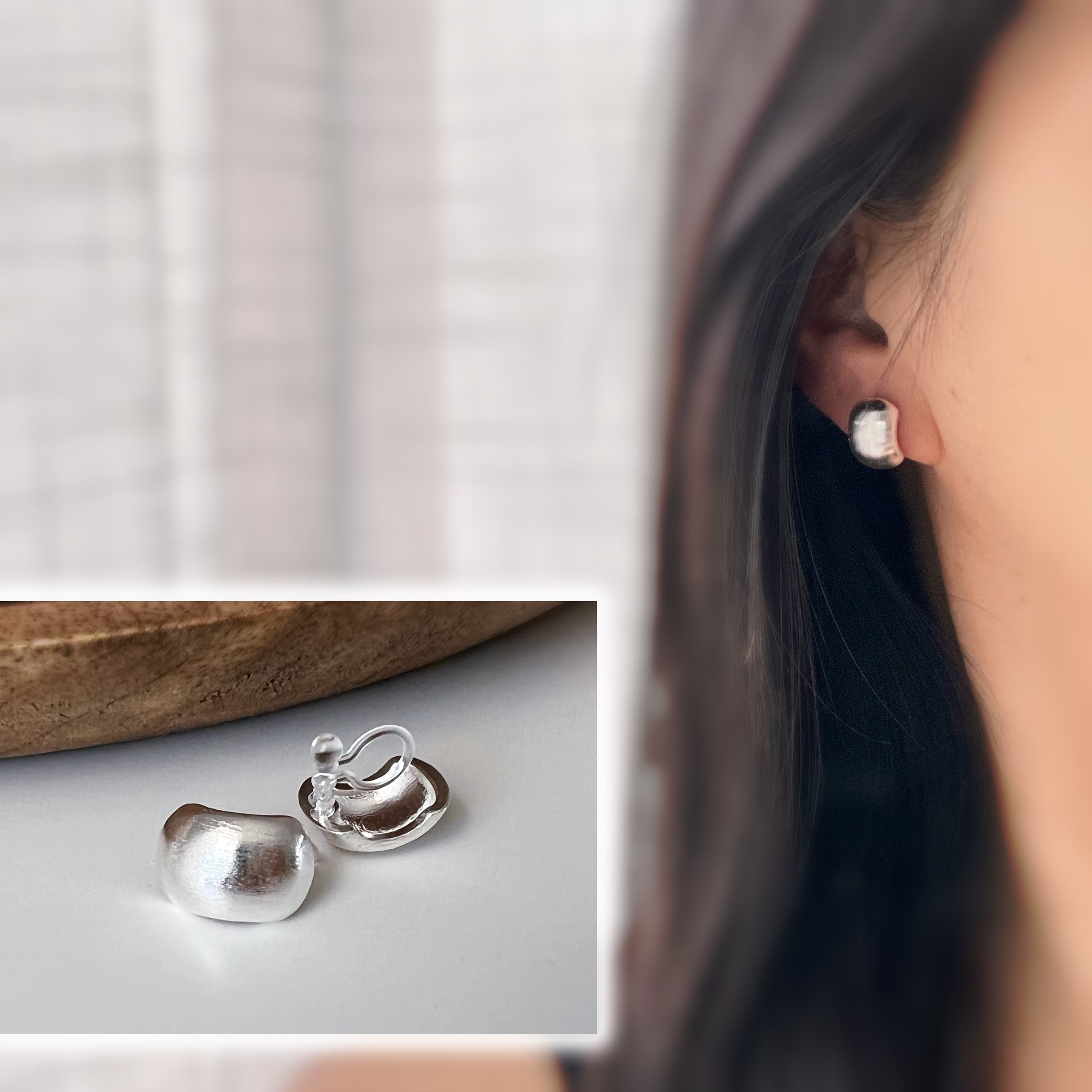 Small rounded square silver clip-on earrings