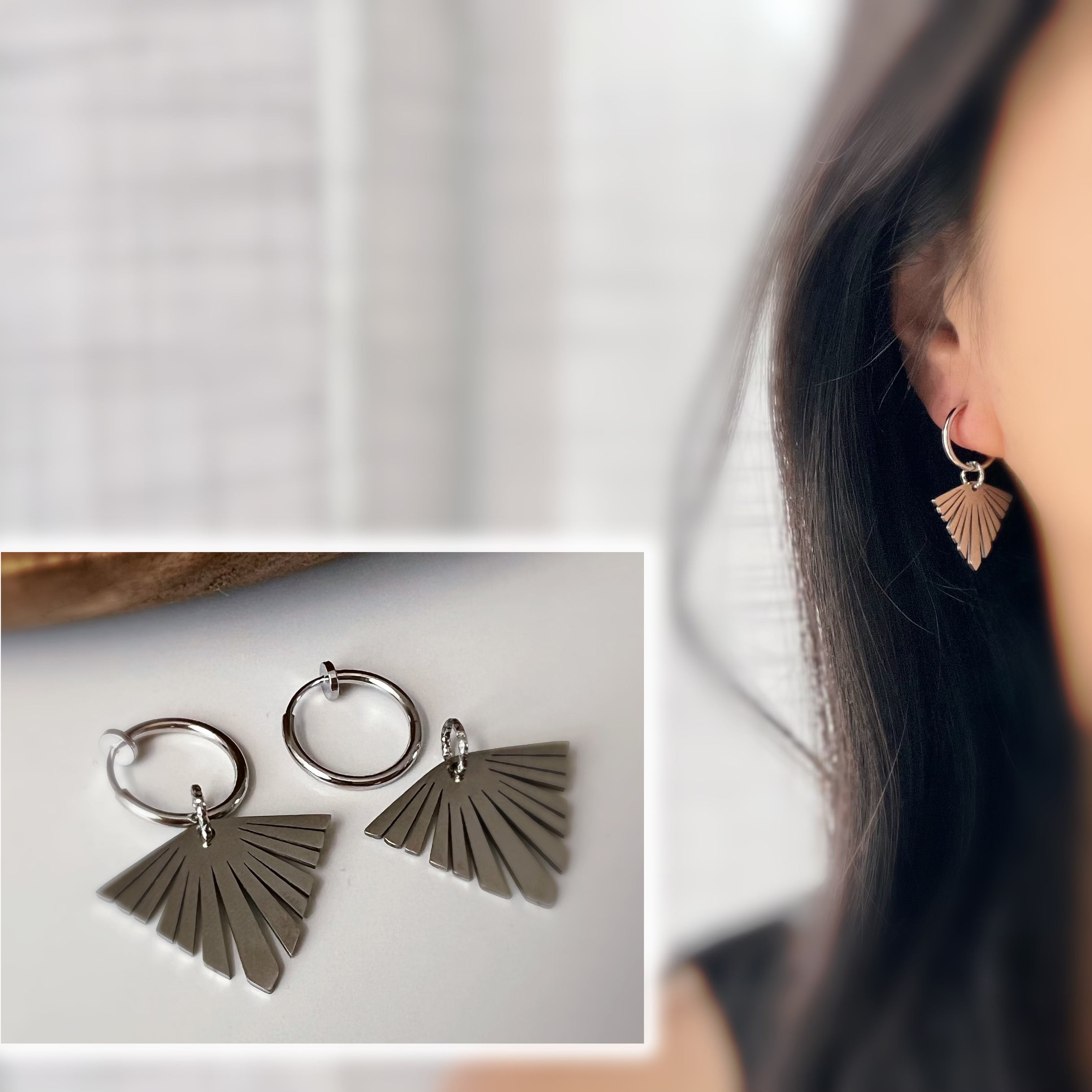 2-in-1 Creole clip earrings with removable fan pendant