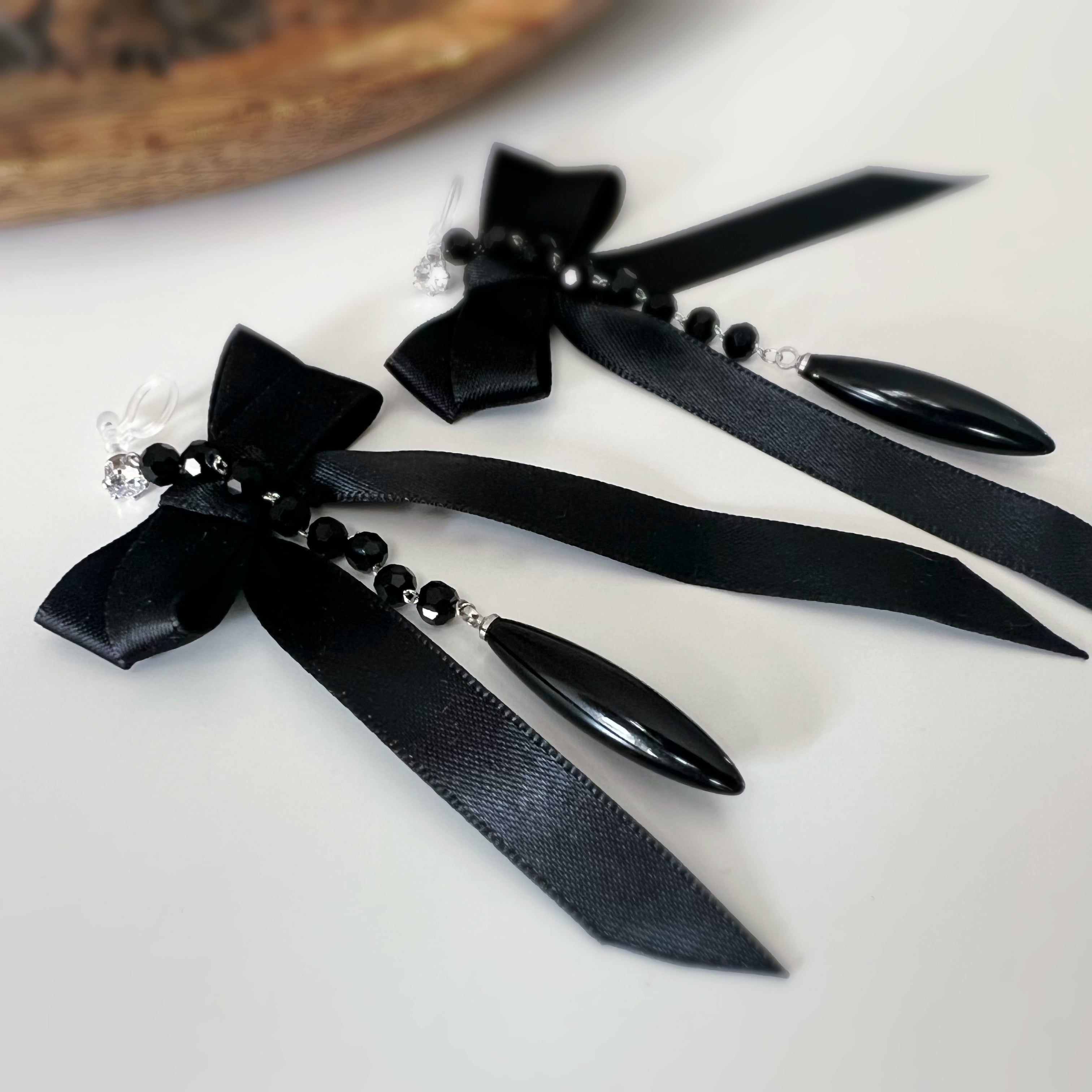 Halloween non-pierced ear clips – gothic black bow
