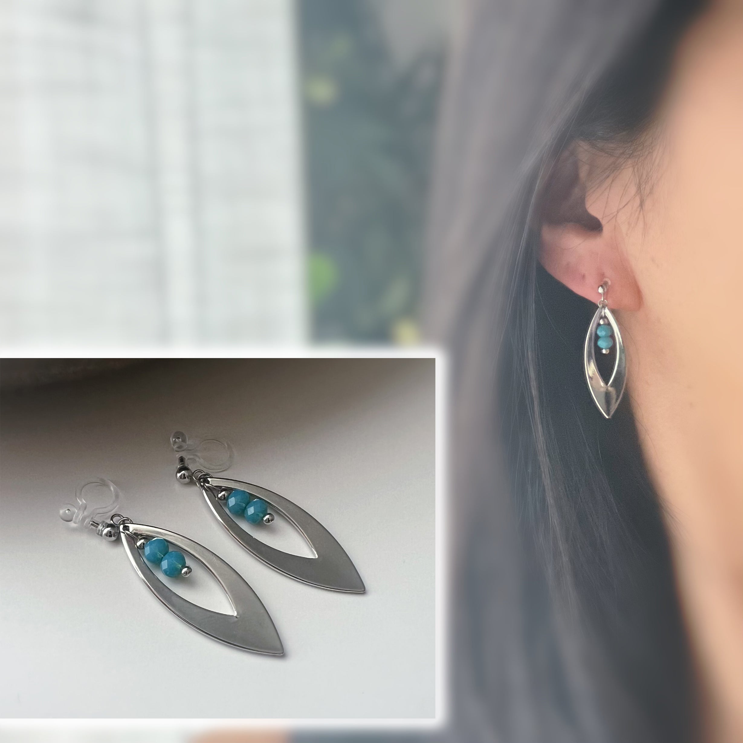 Feuille Ovale – Perles Bleues couleur Argent