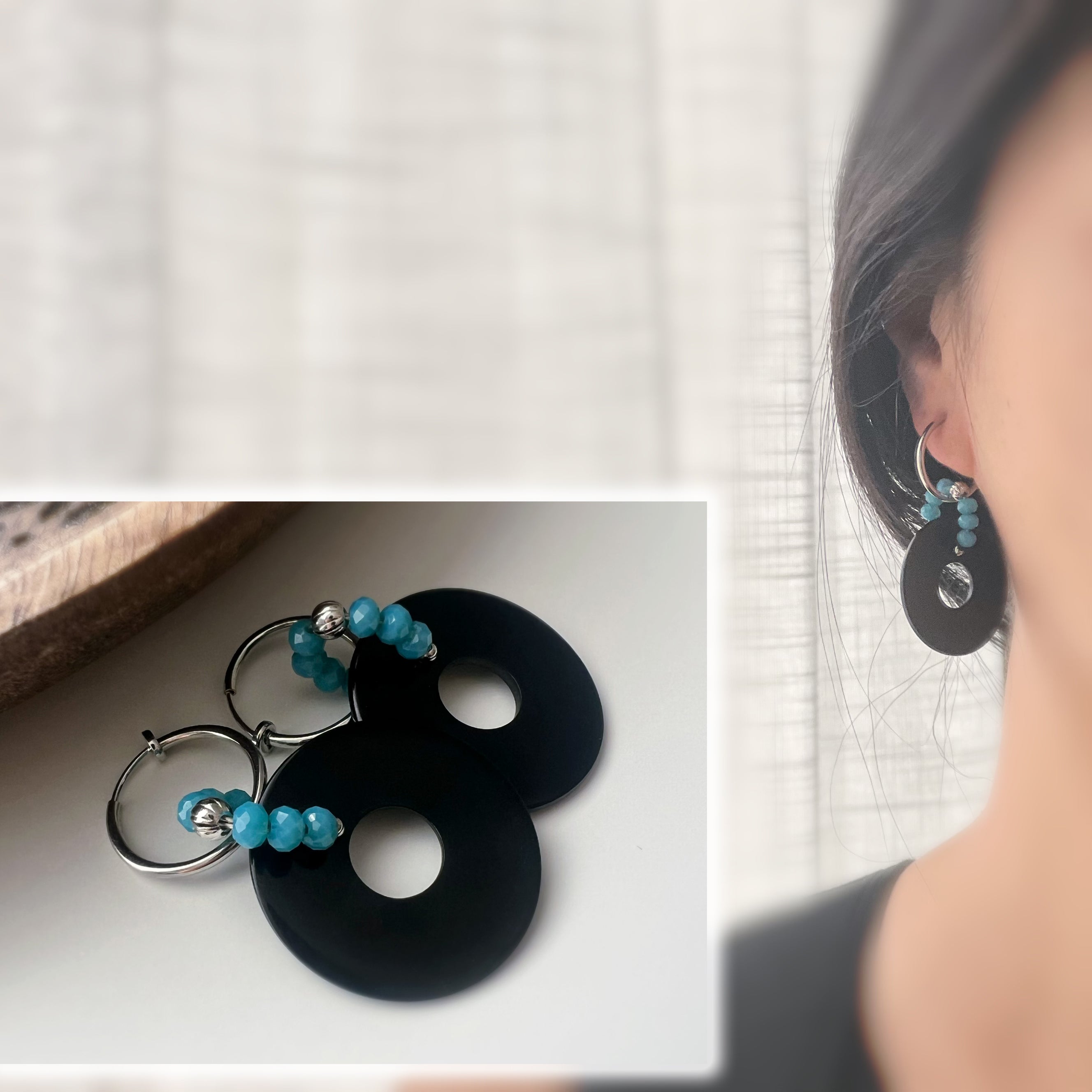 Créoles Modernes – Cercle Noir & Perles Turquoise