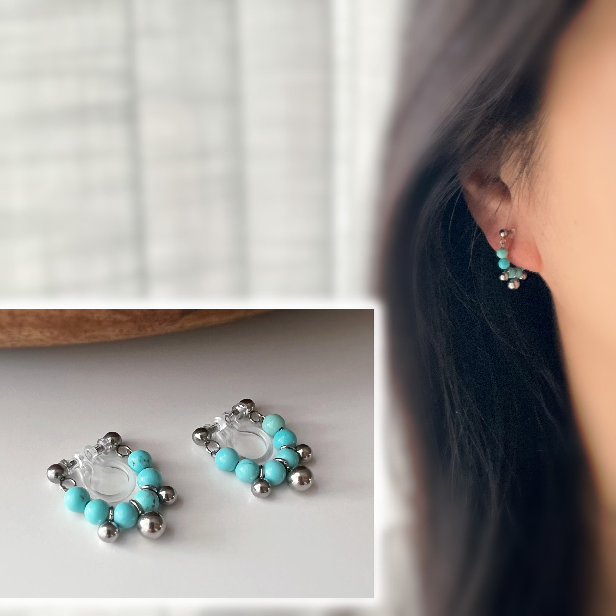 Silver-colored turquoise non-pierced ear clips