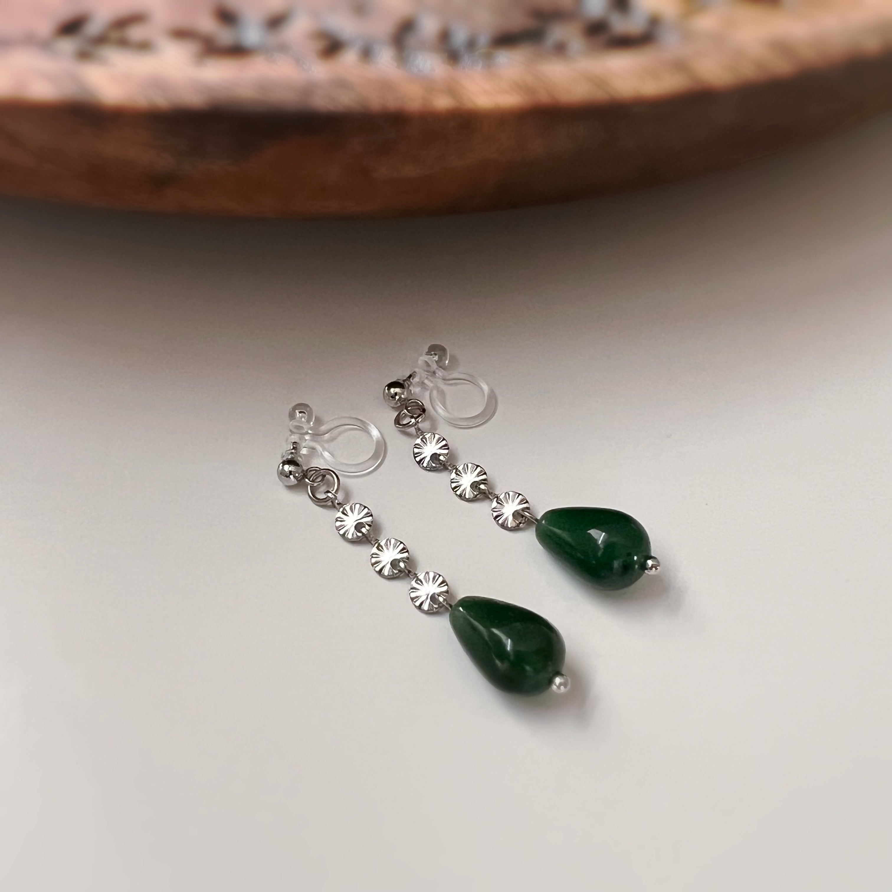 Silver-tone green drop clip-on earrings