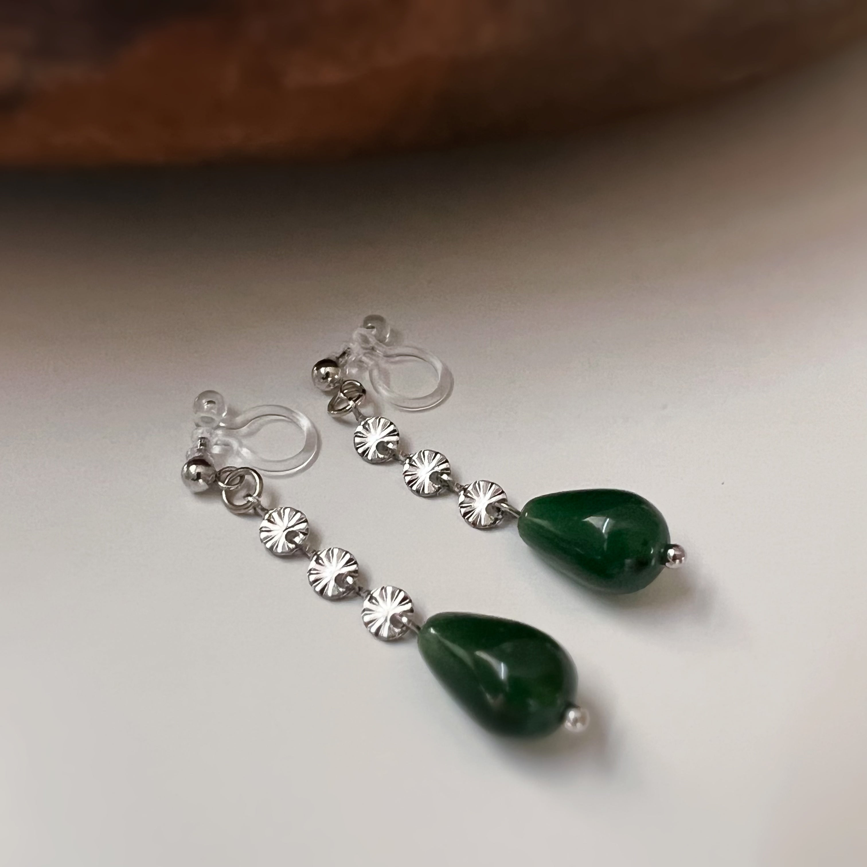 Silver-tone green drop clip-on earrings