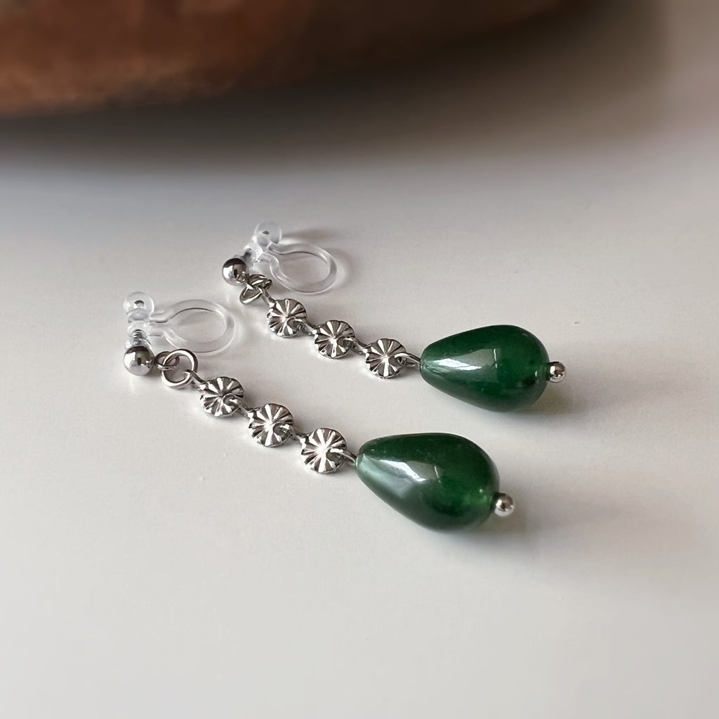 Clips d’oreilles goutte verte Chaîne couleur argent