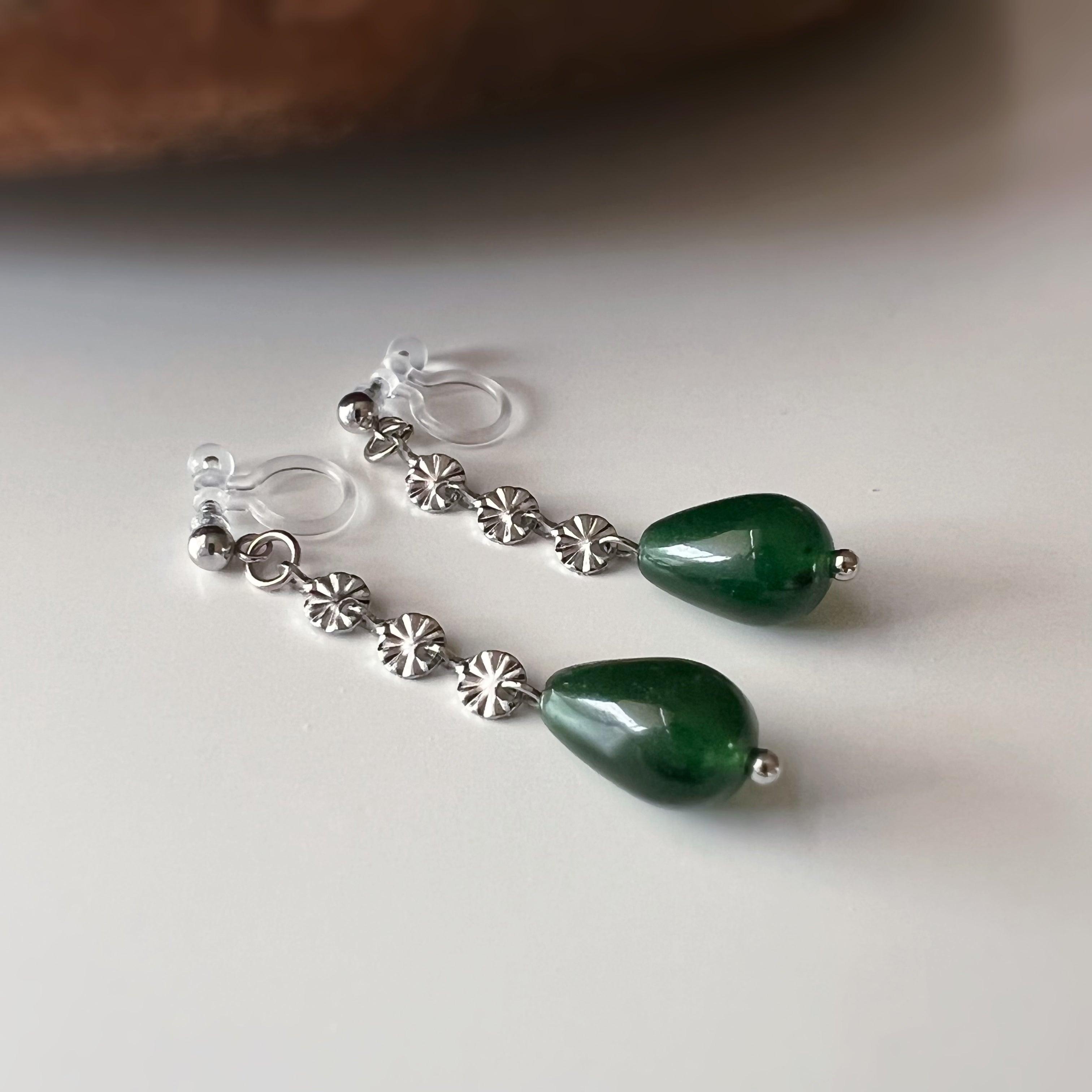 Silver-tone green drop clip-on earrings