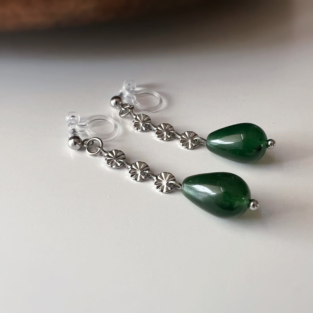 Clips d’oreilles goutte verte Chaîne couleur argent