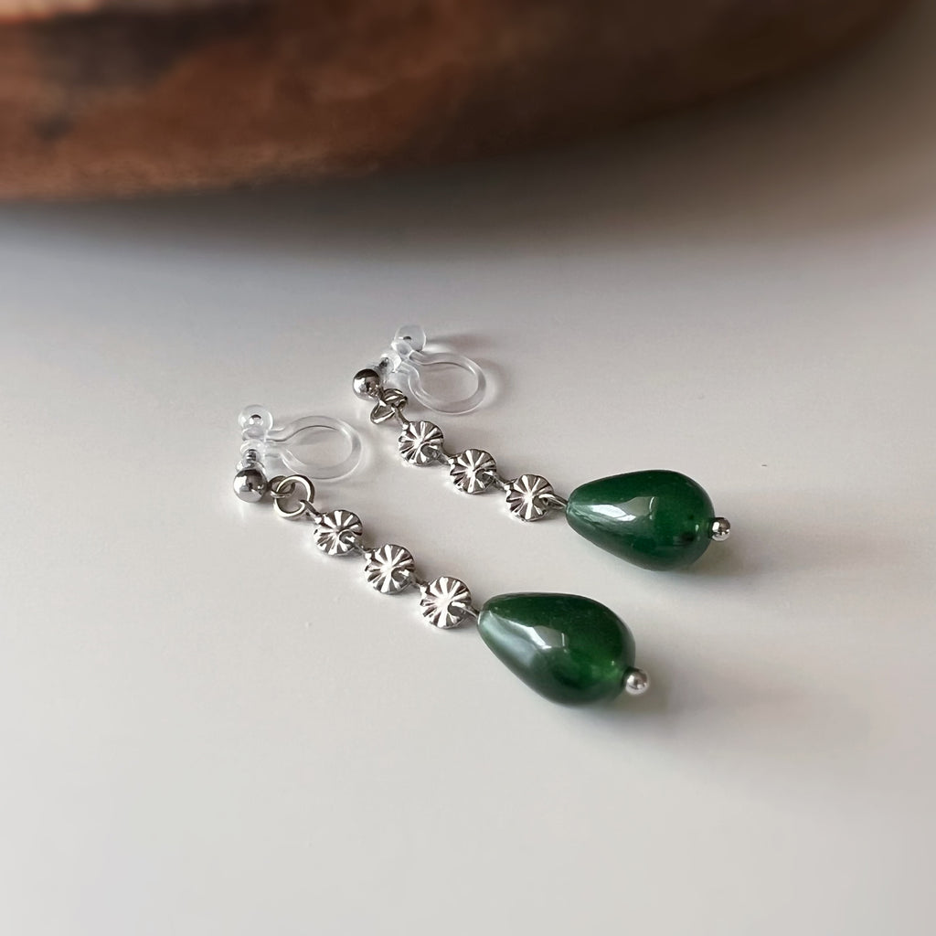 Clips d’oreilles goutte verte Chaîne couleur argent