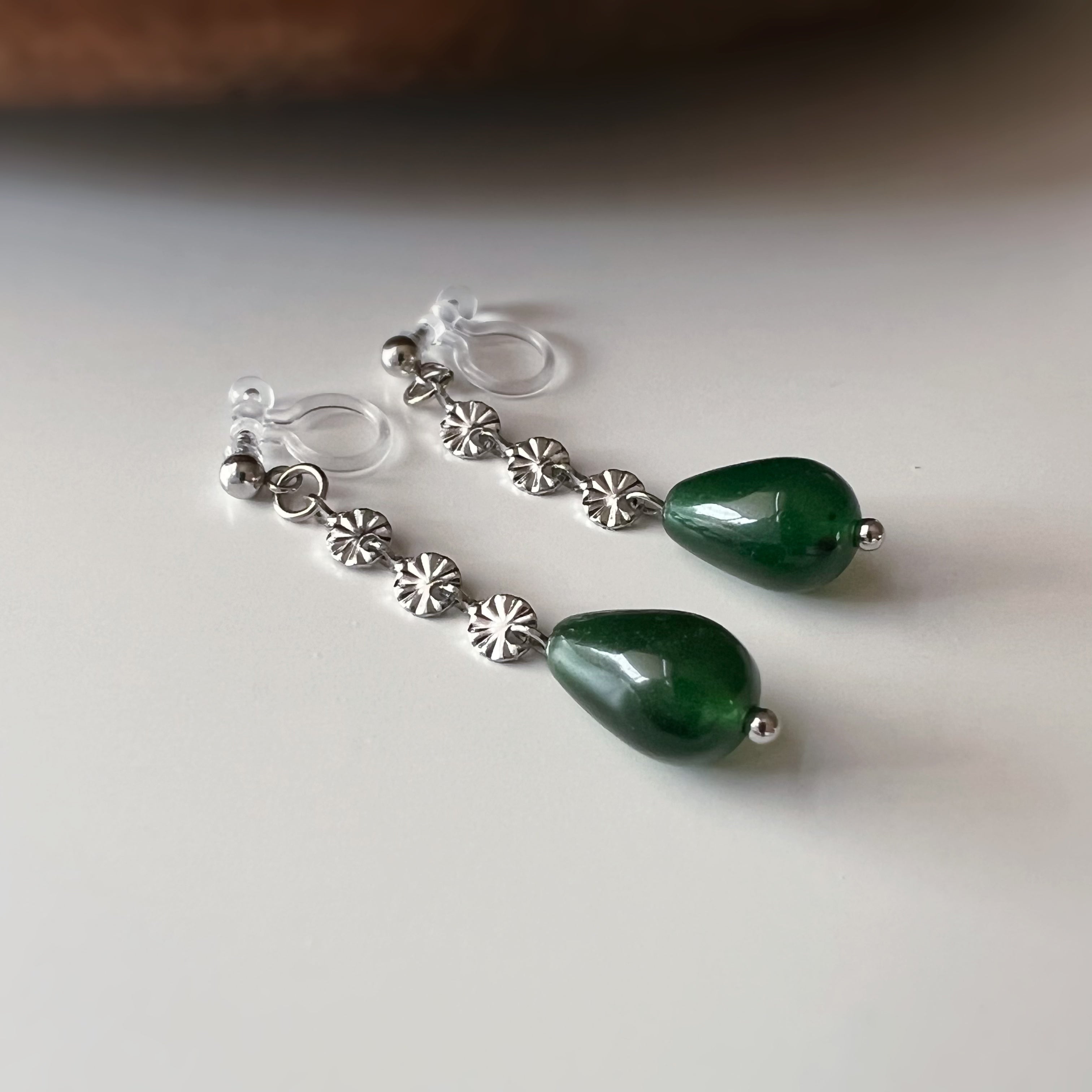 Silver-tone green drop clip-on earrings