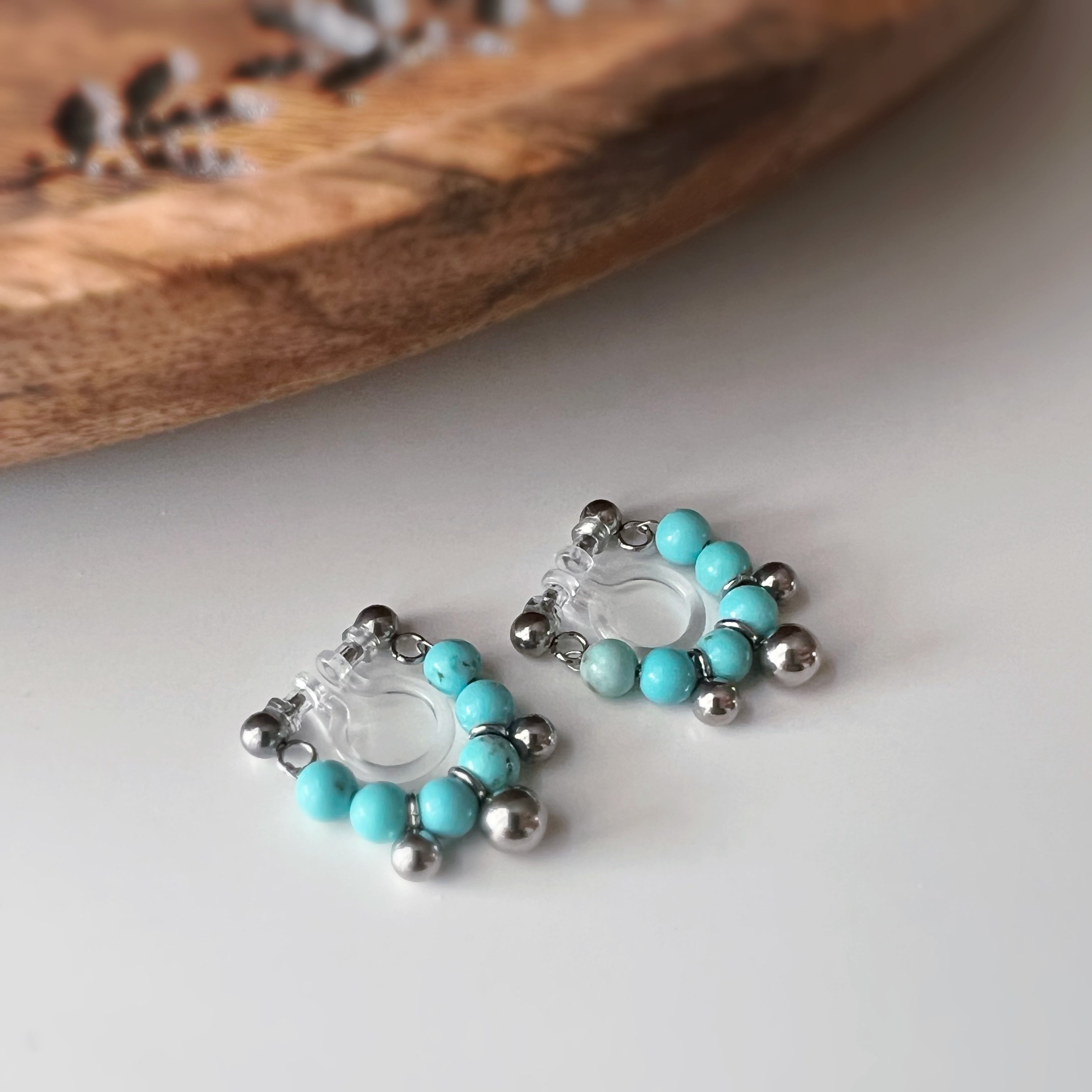 Silver-colored turquoise non-pierced ear clips
