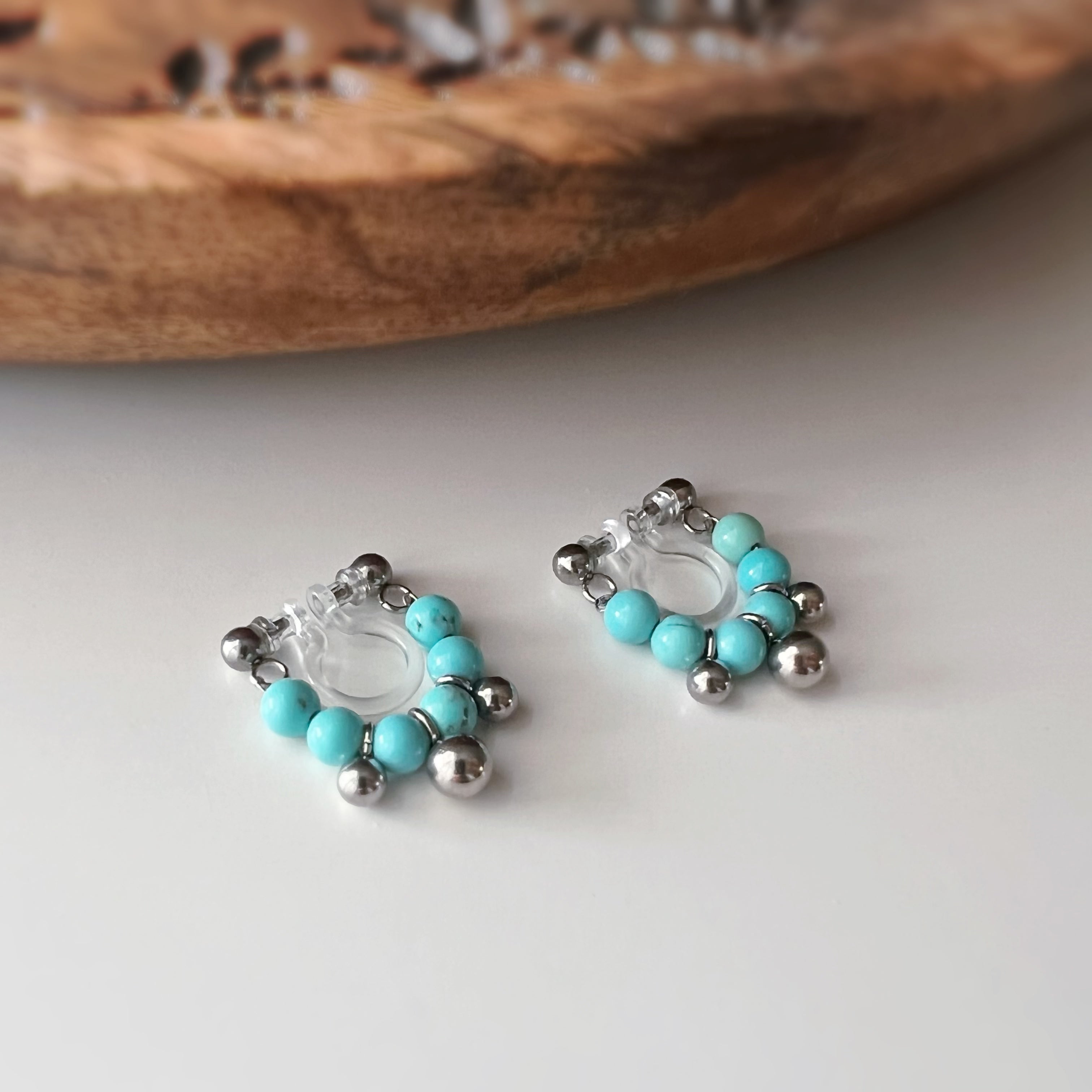 Clips d’oreilles sans perçage turquoise couleur argent