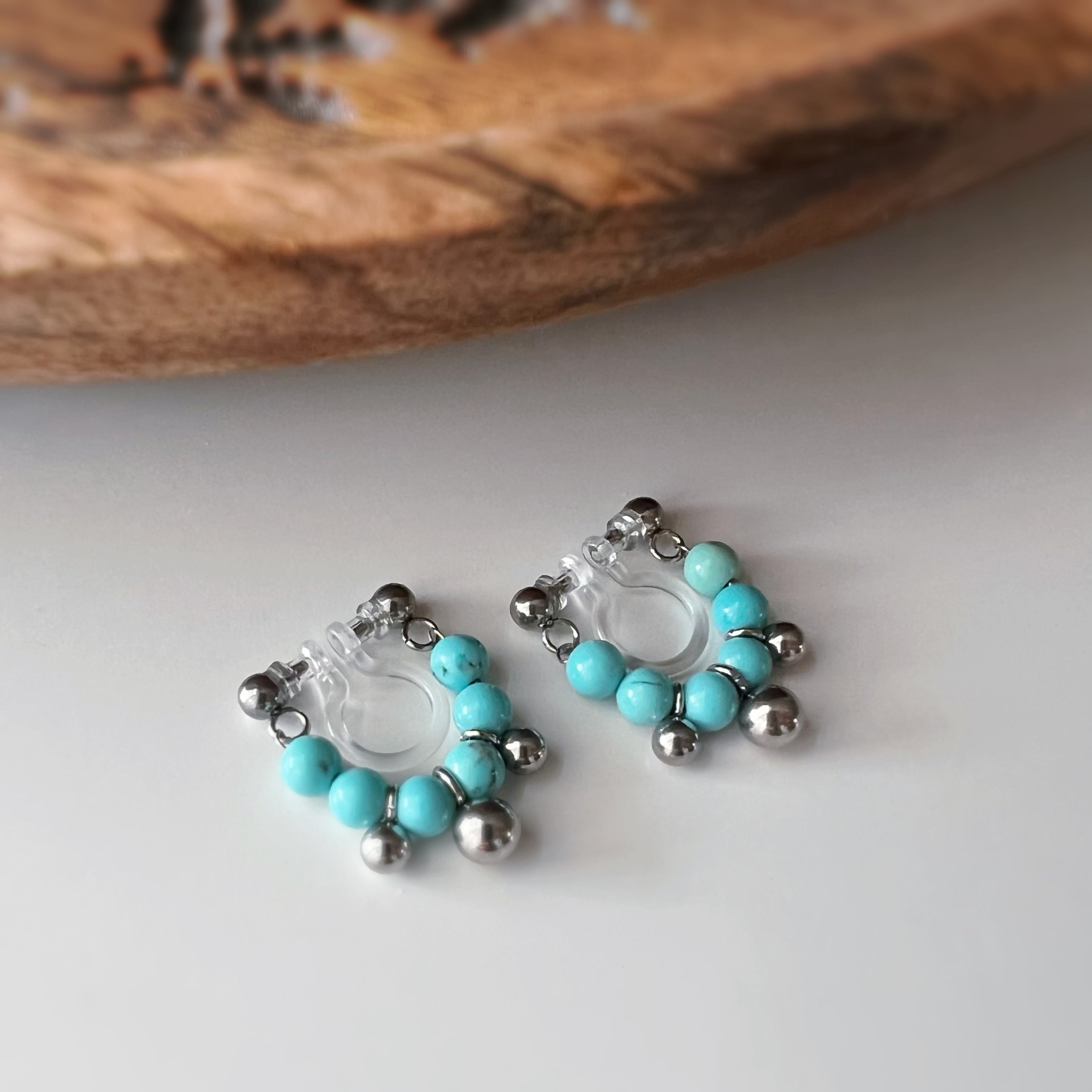 Silver-colored turquoise non-pierced ear clips