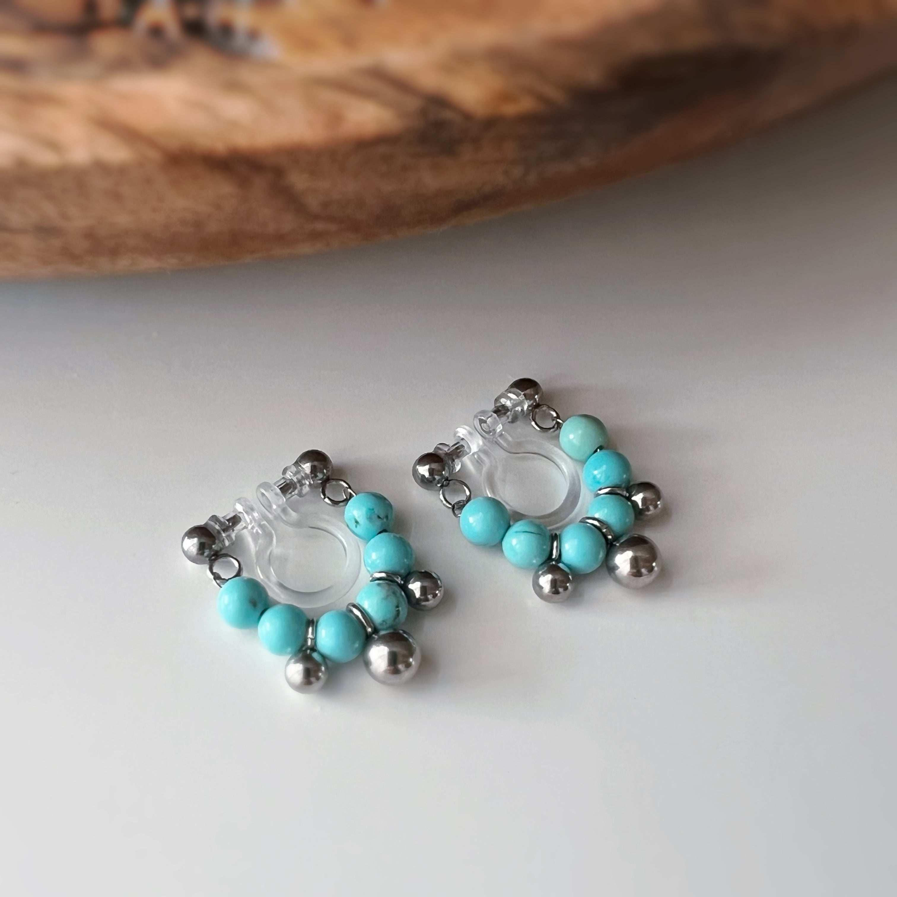 Silver-colored turquoise non-pierced ear clips