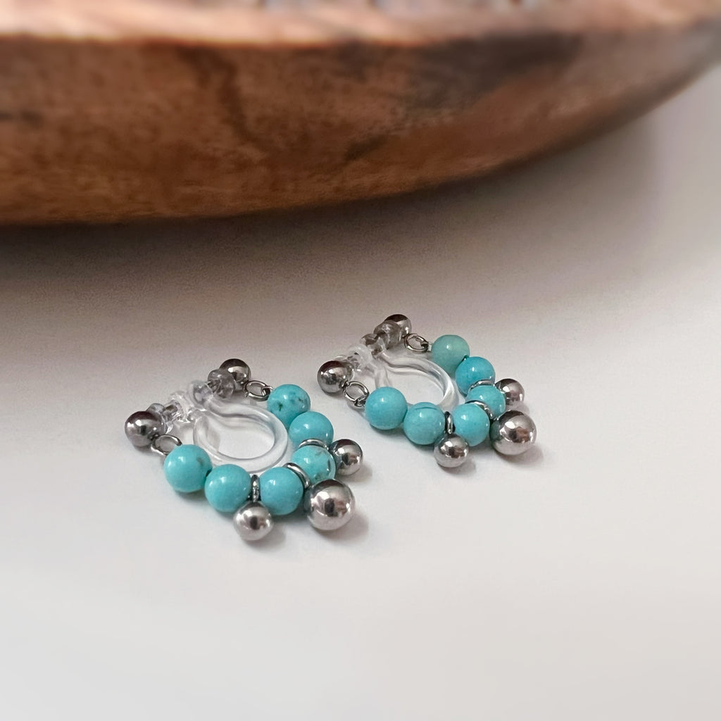 Clips d’oreilles sans perçage turquoise couleur argent