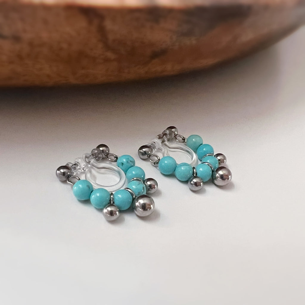 Clips d’oreilles sans perçage turquoise couleur argent