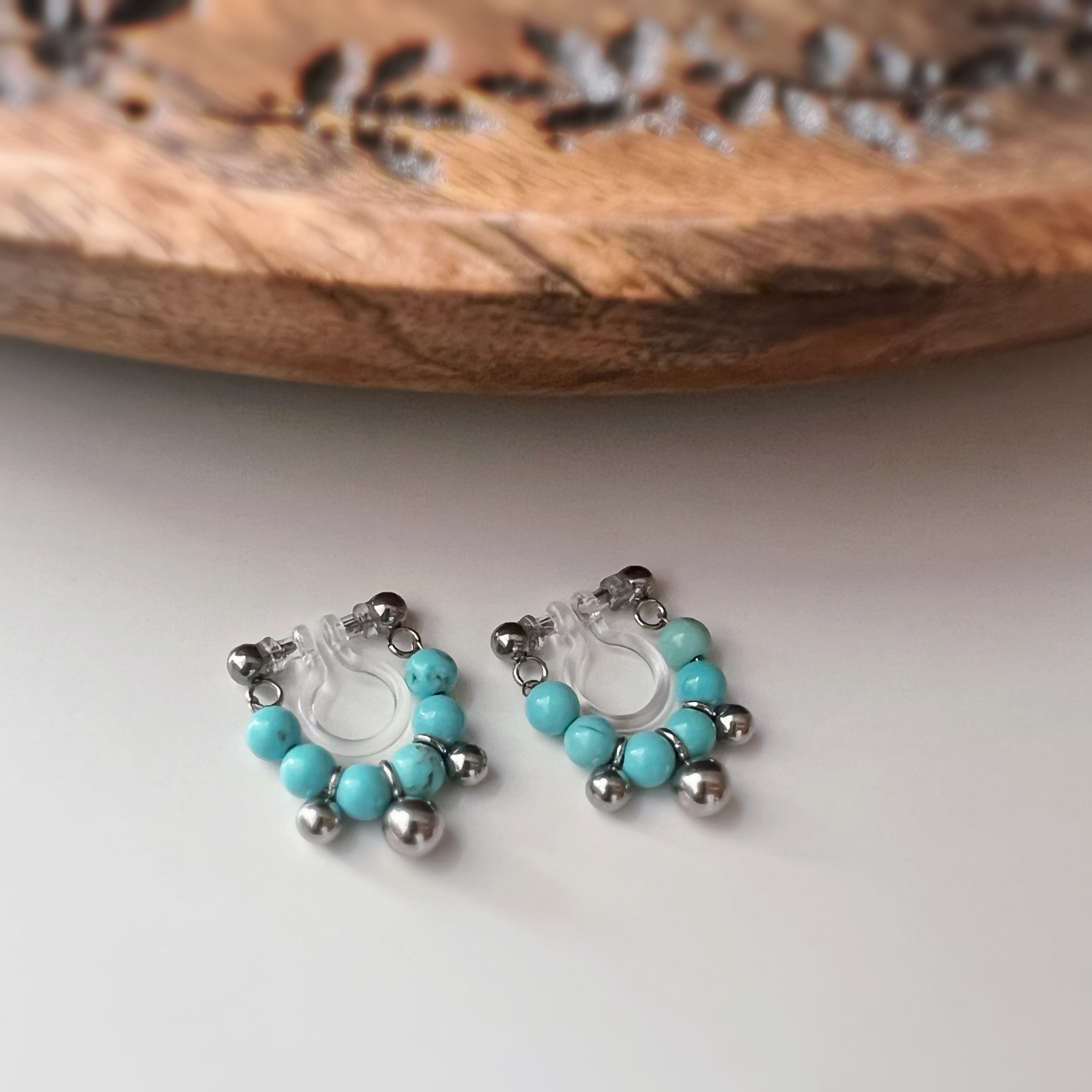 Silver-colored turquoise non-pierced ear clips
