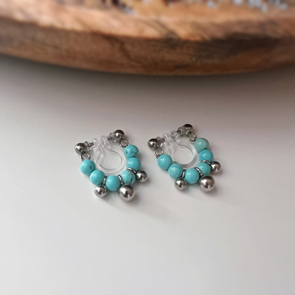 Clips d’oreilles sans perçage turquoise couleur argent