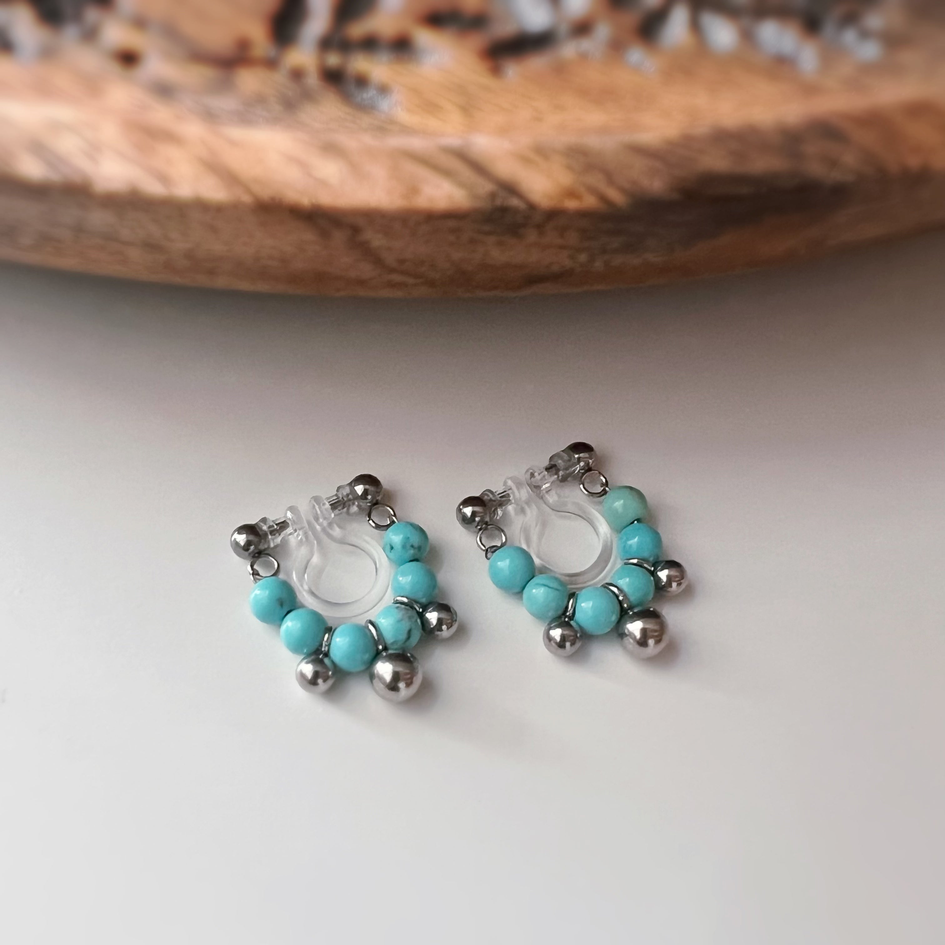 Clips d’oreilles sans perçage turquoise couleur argent