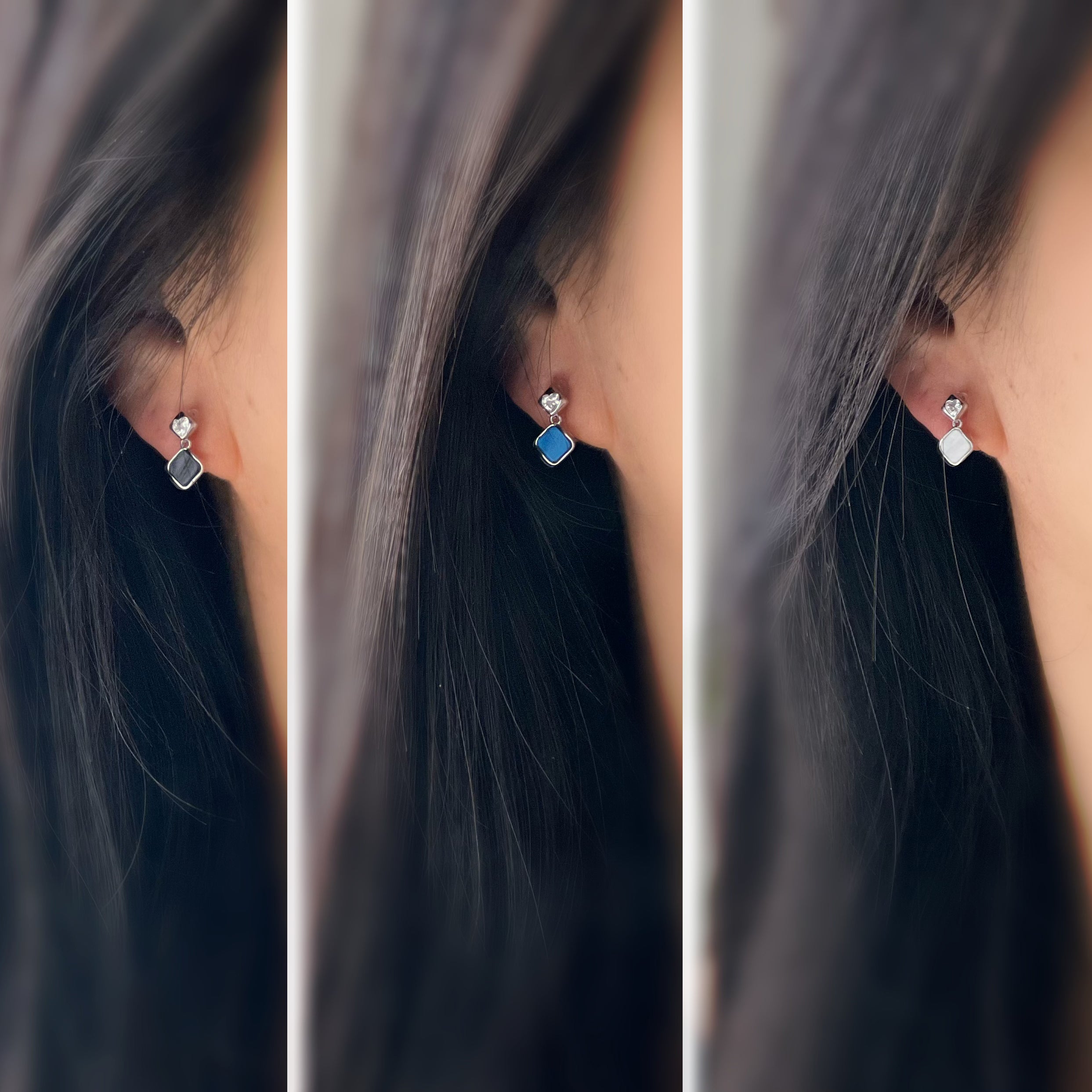 Square enameled clip-on earrings in silver, mother-of-pearl blue, black, or white