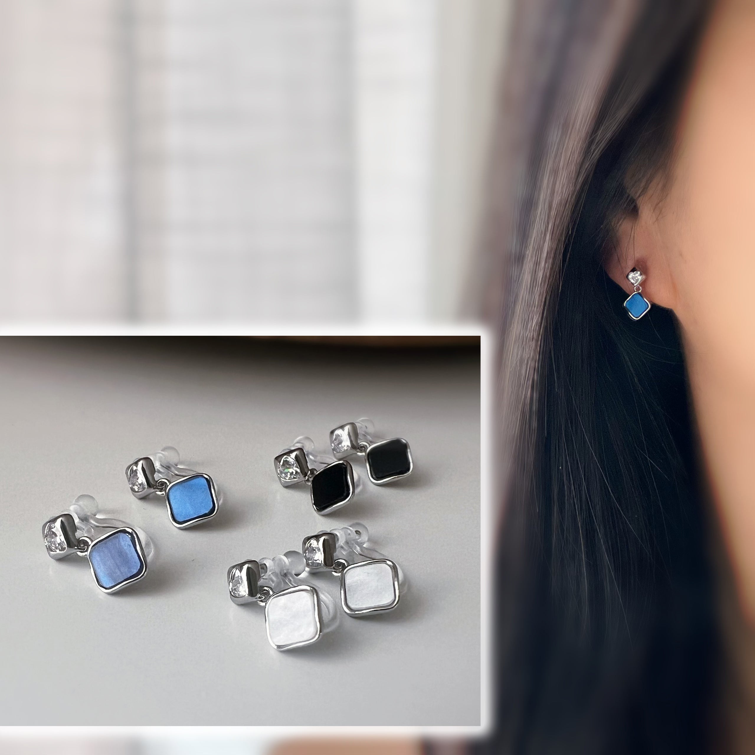 Square enameled clip-on earrings in silver, mother-of-pearl blue, black, or white