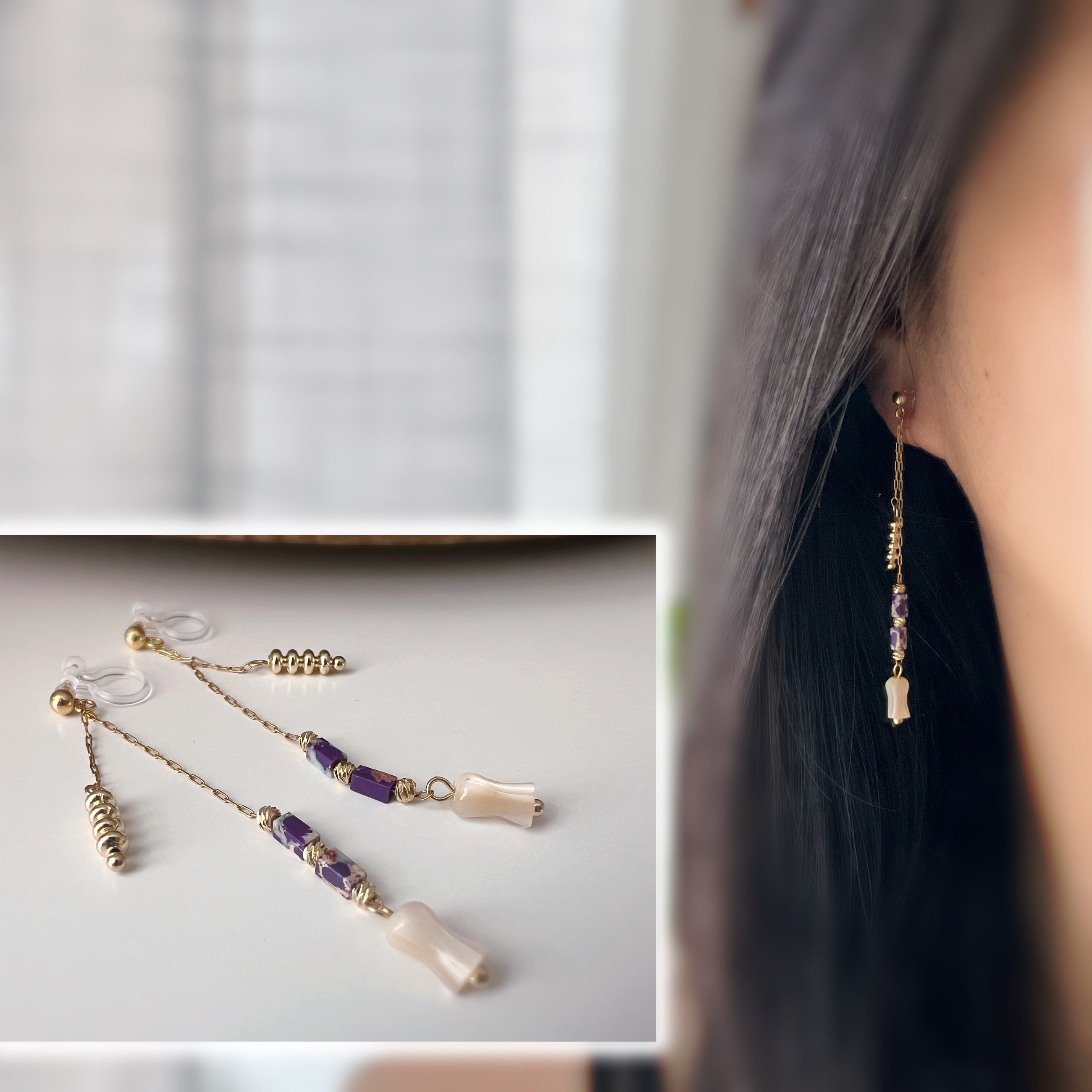 Flower drop clip-on earrings, gold tone purple beads