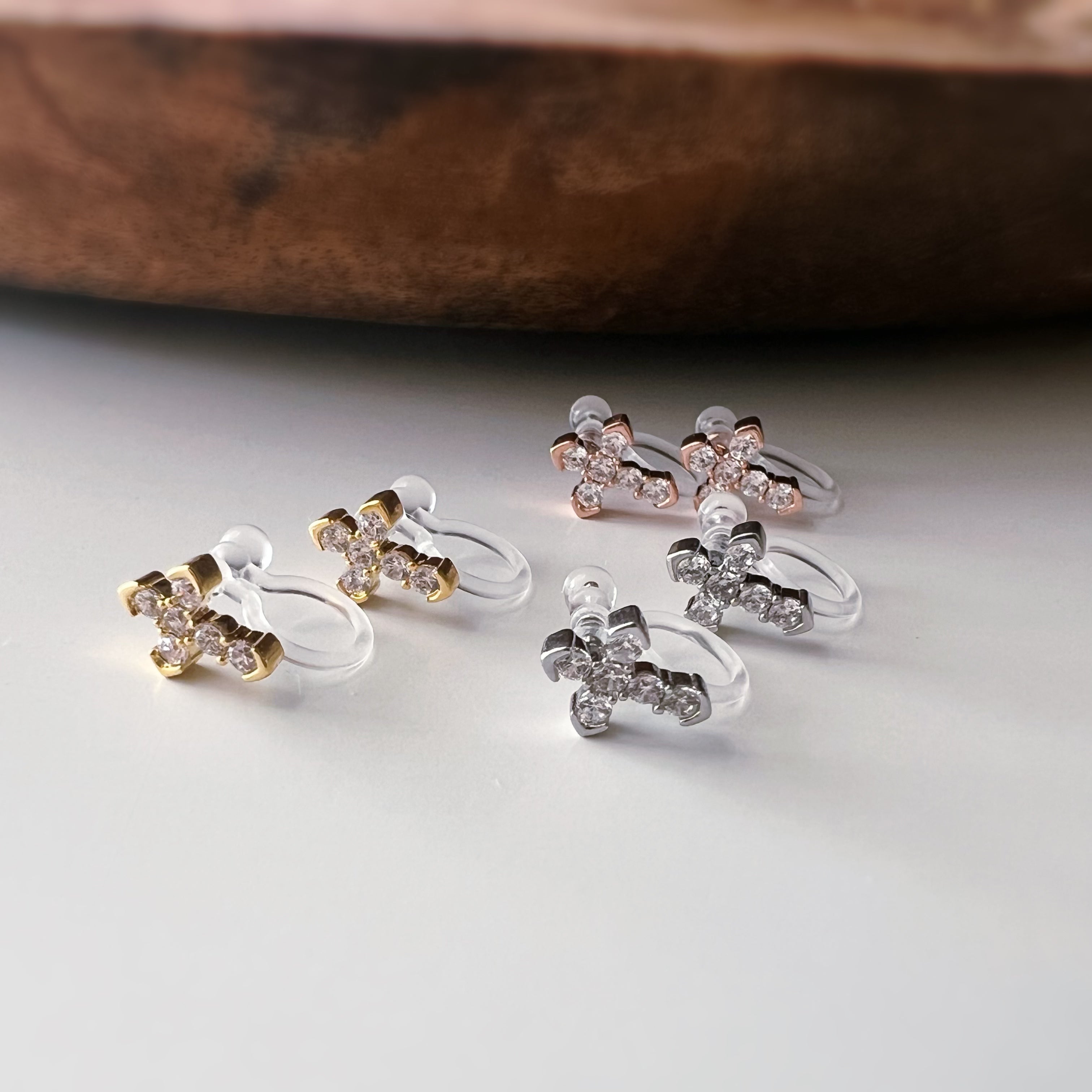 Rhinestone cross ear clips, silver, gold or rose gold colour