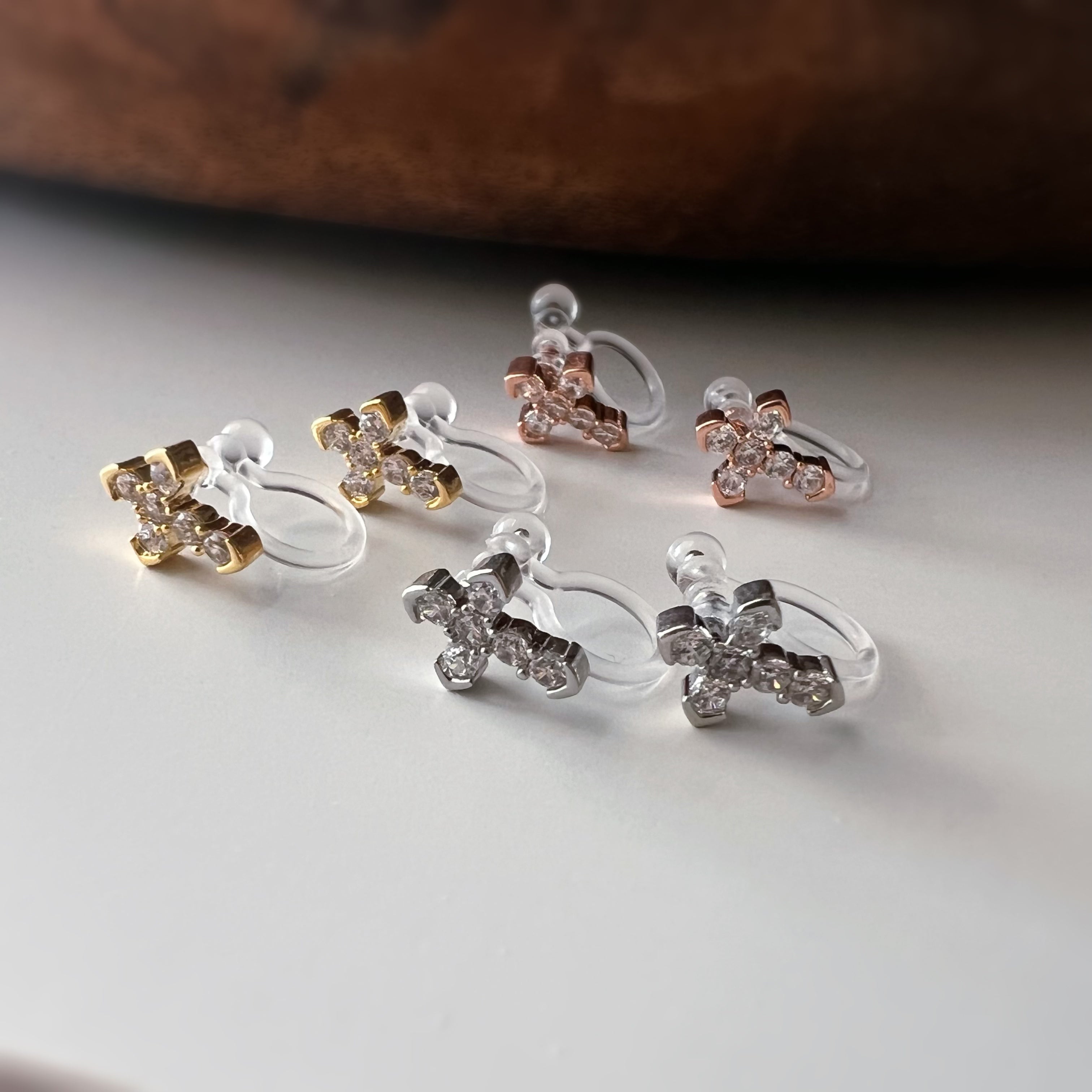 Rhinestone cross ear clips, silver, gold or rose gold colour
